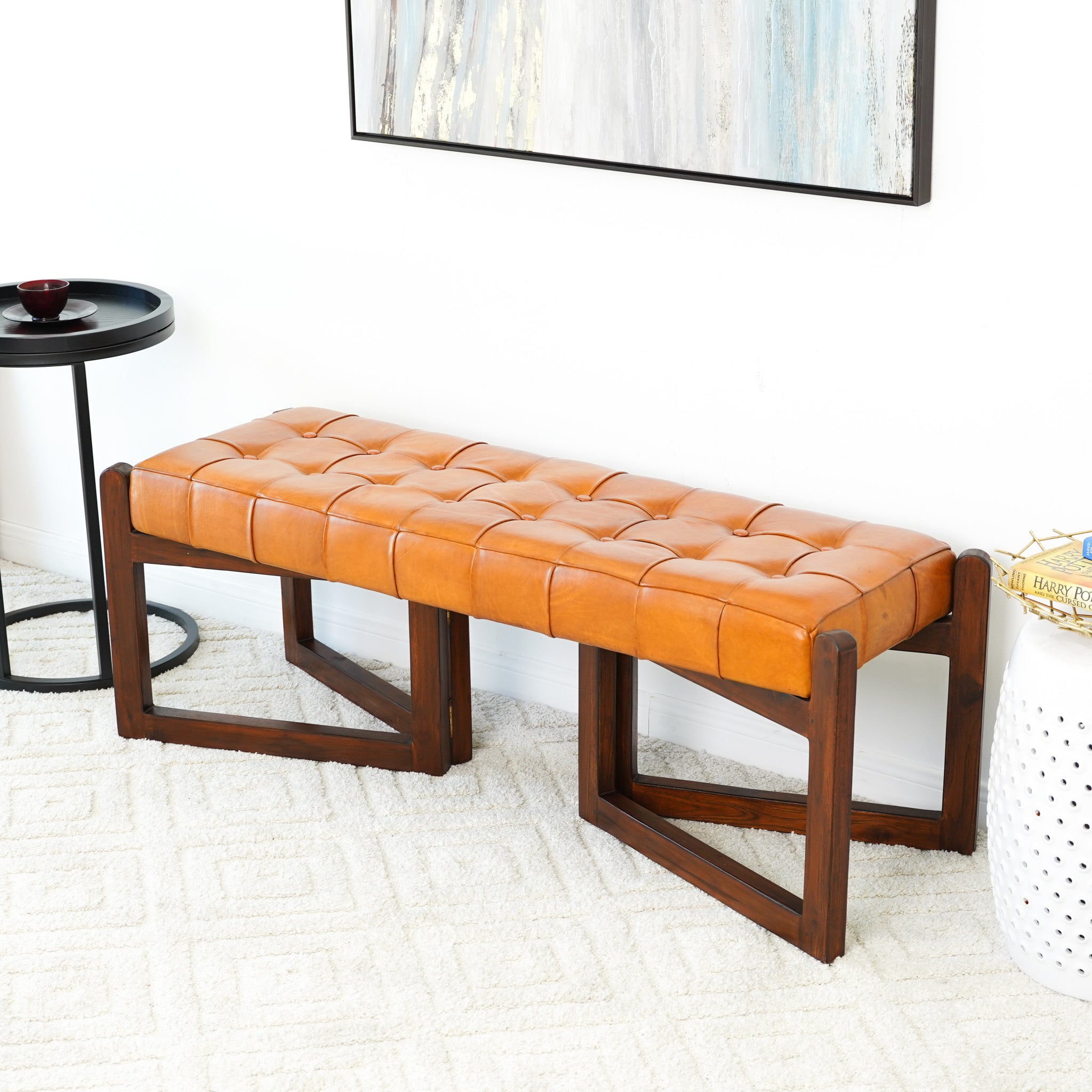 Rosemont Tan Leather Bench | Mid-Century Modern Genuine Cow Leather Accent Stool | MidinMod