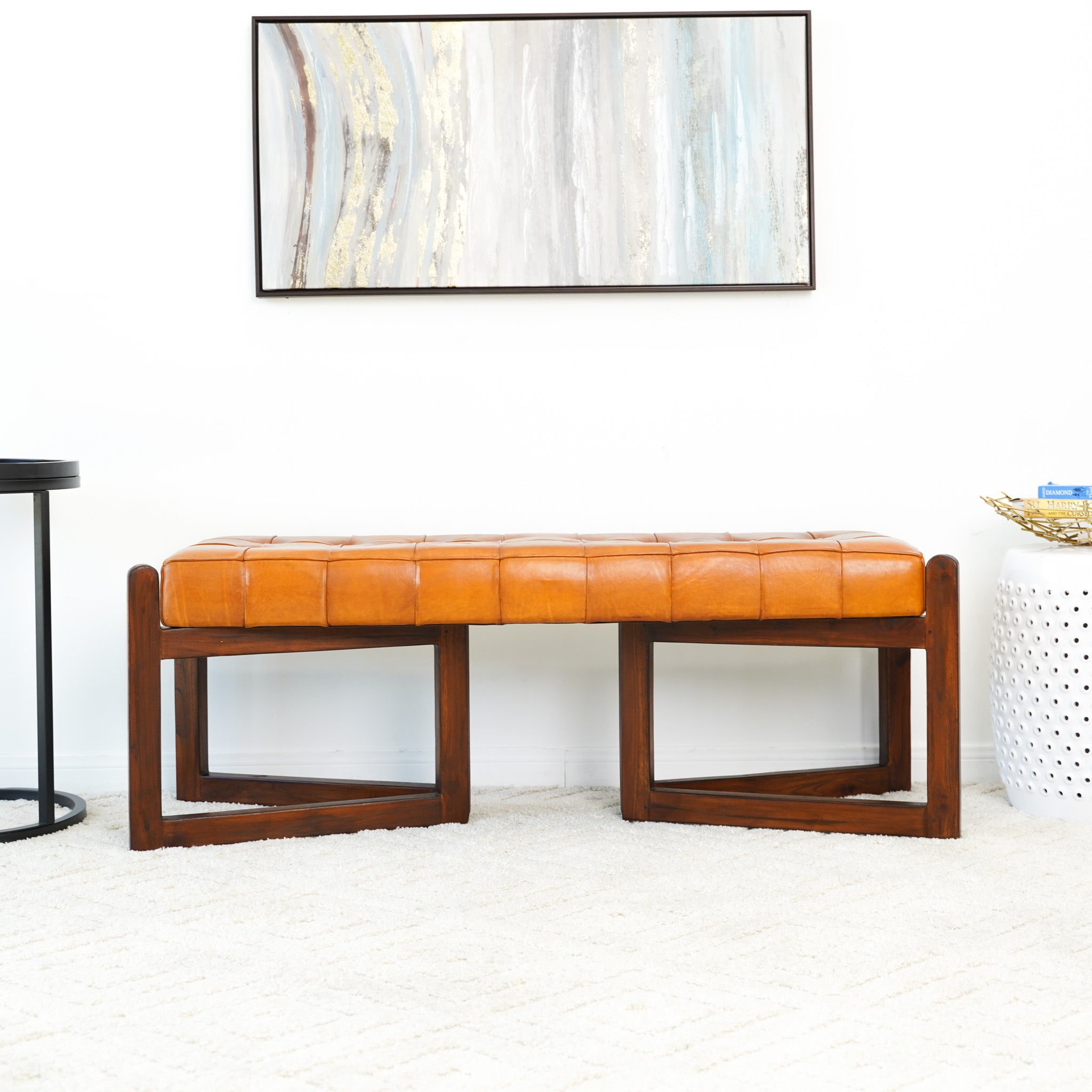 Rosemont Tan Leather Bench | Mid-Century Modern Genuine Cow Leather Accent Stool | MidinMod