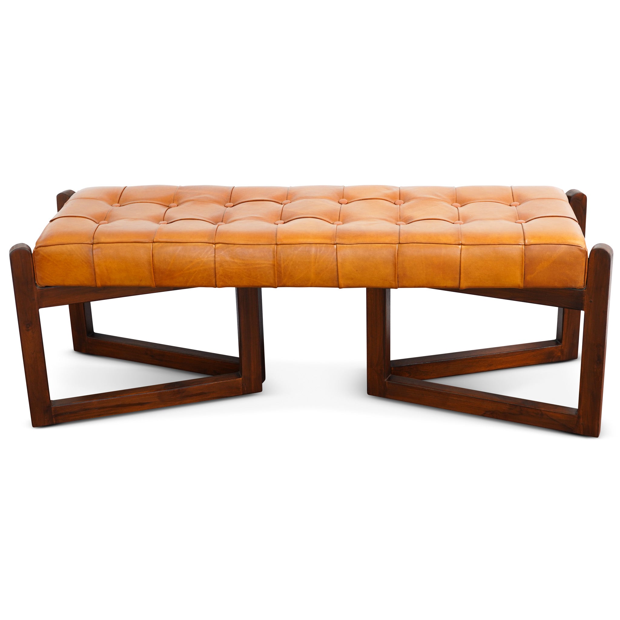 Rosemont Tan Leather Bench | Mid-Century Modern Genuine Cow Leather Accent Stool | MidinMod