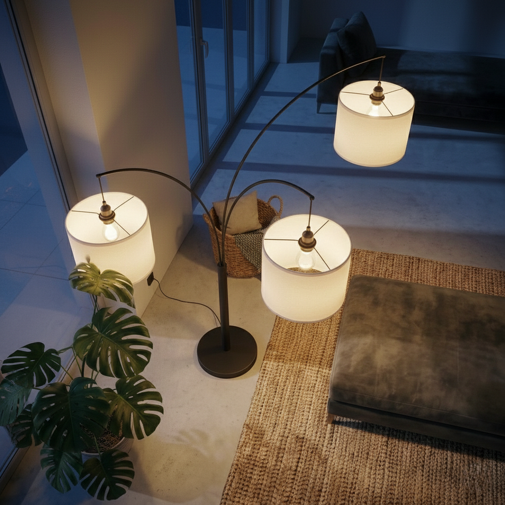 Royal 3-Arm Metal Arc Floor Lamp in Oil-Rubbed Bronze with Linen Shade | MidinMod
