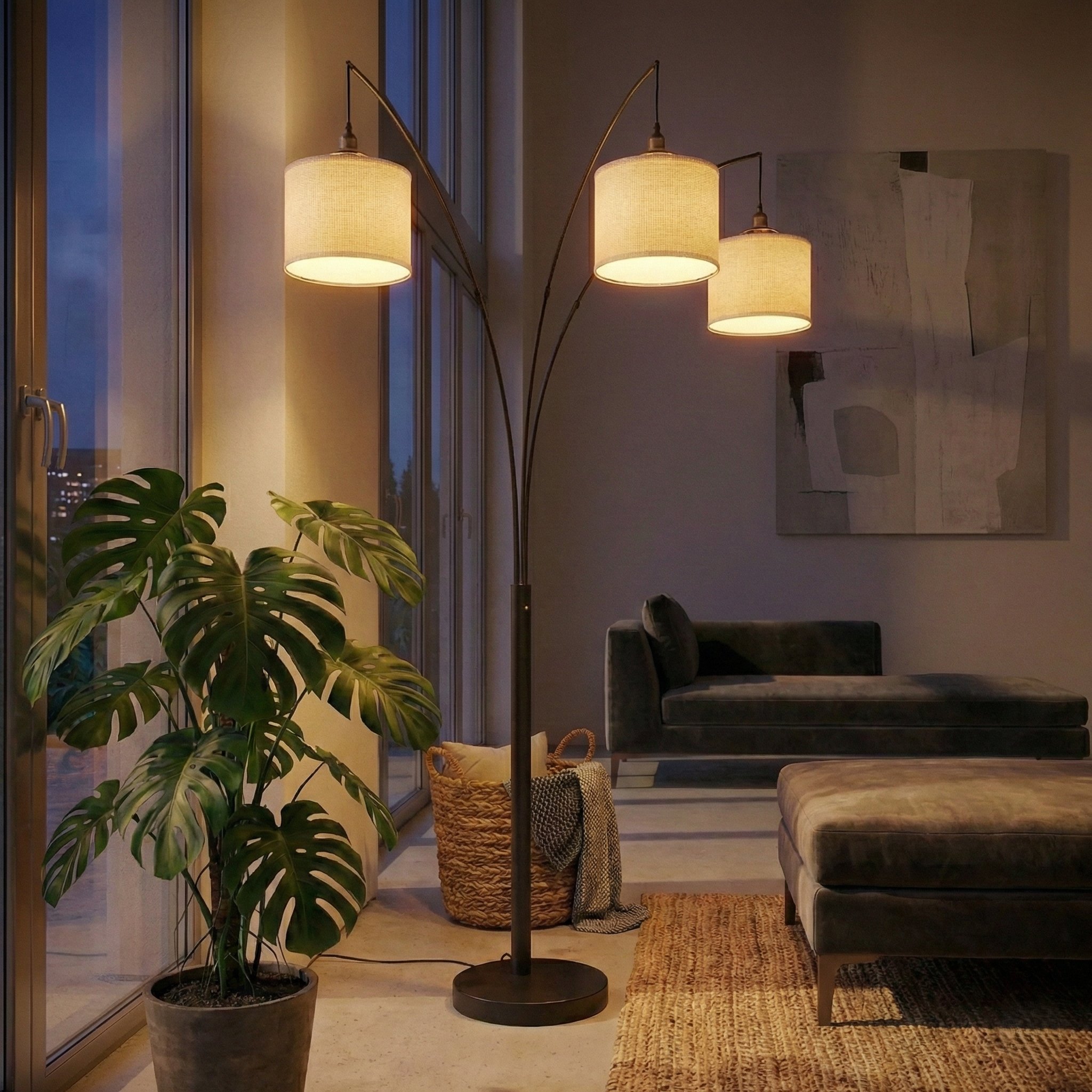 Royal 3-Arm Metal Arc Floor Lamp in Oil-Rubbed Bronze with Linen Shade | MidinMod