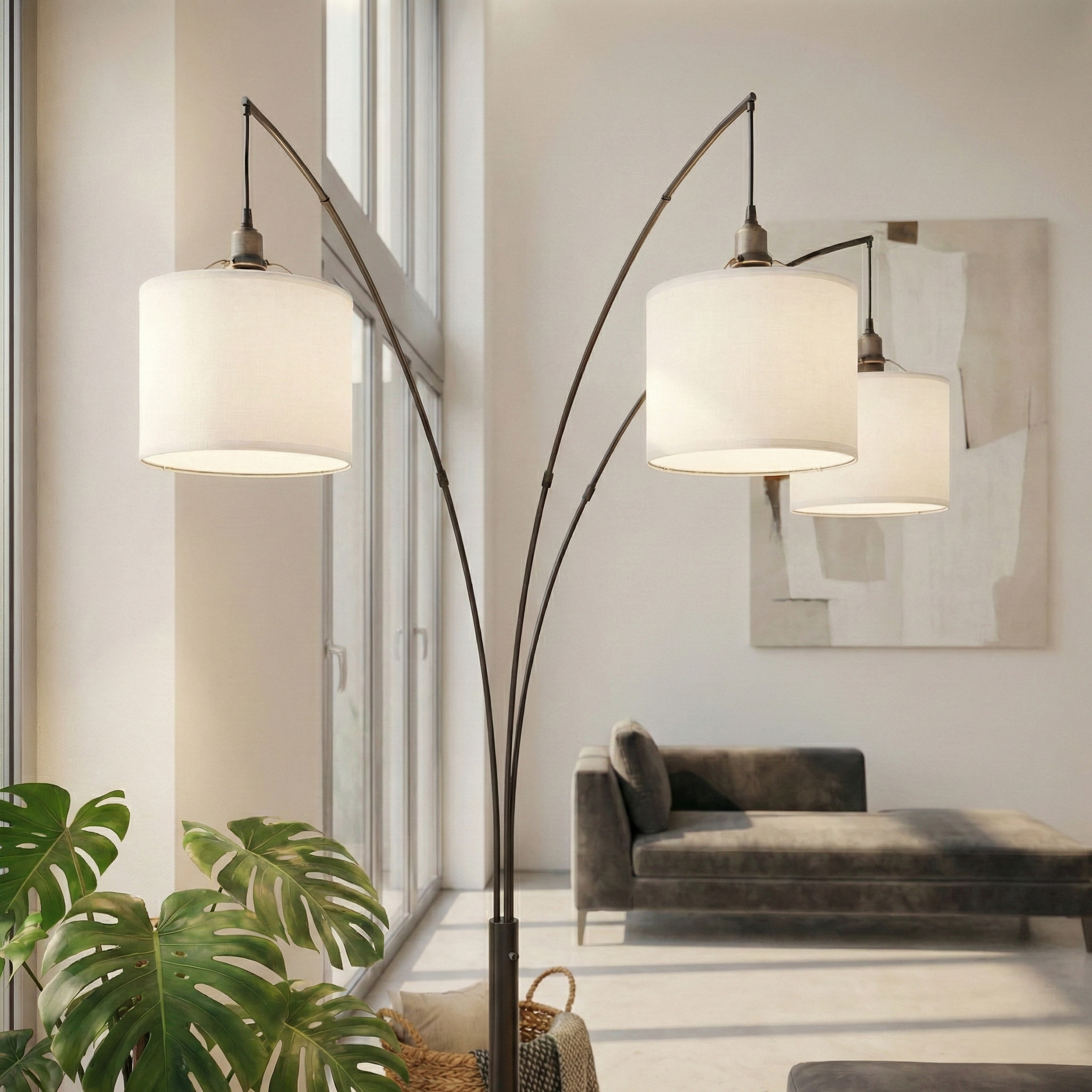 Royal 3-Arm Metal Arc Floor Lamp in Oil-Rubbed Bronze with Linen Shade | MidinMod