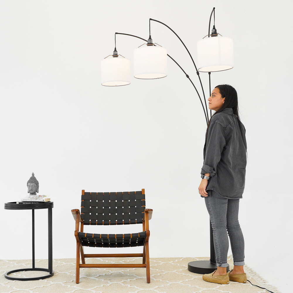 Royal 3-Arm Metal Arc Floor Lamp, Oil Rubbed Bonze with Linen Shade, 4 way Rotary Switch