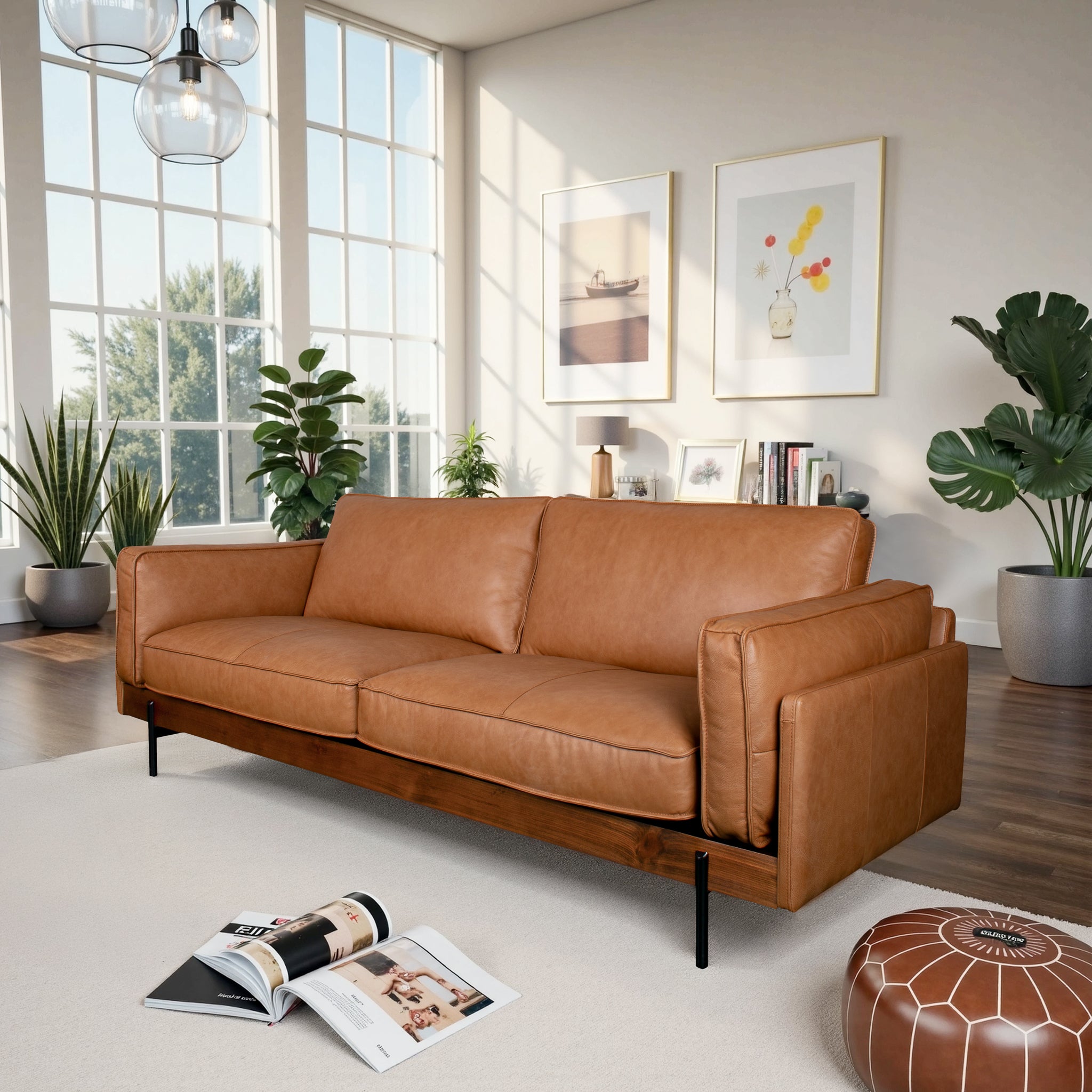 Savana Mid-Century Modern Cognac Leather Sofa - MidinMod