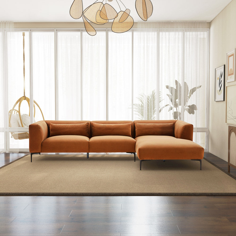 Savoy Burnt Orange Velvet L Shaped Right Sectional Sofa - MidinMod