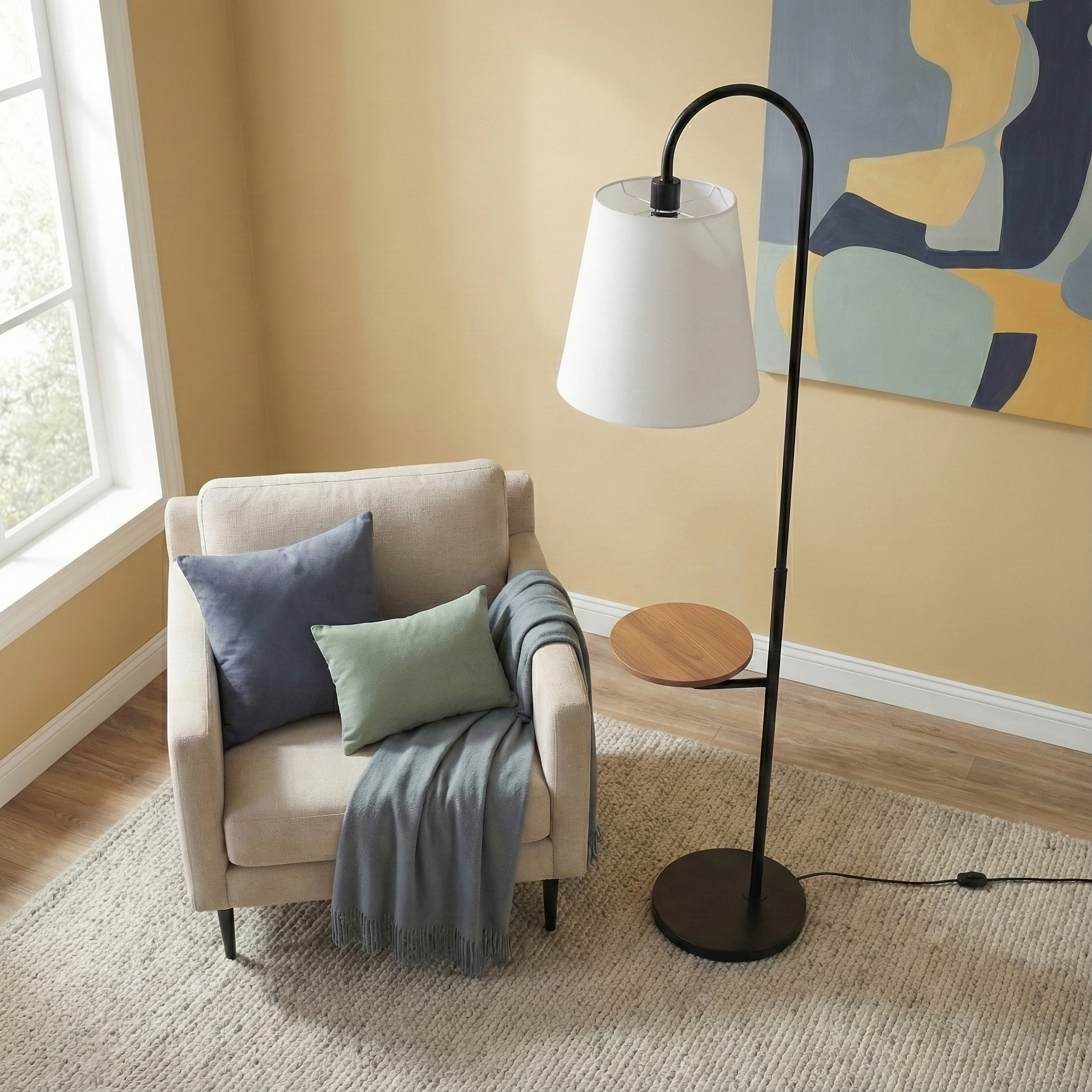 Seoul Black Floor Lamp with Integrated Wood Table and Rotary Switch | MidinMod