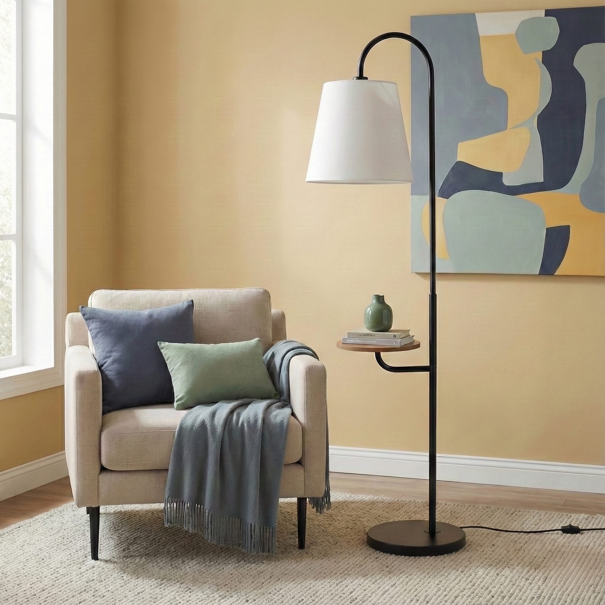 Seoul Black Floor Lamp with Integrated Wood Table and Rotary Switch | MidinMod