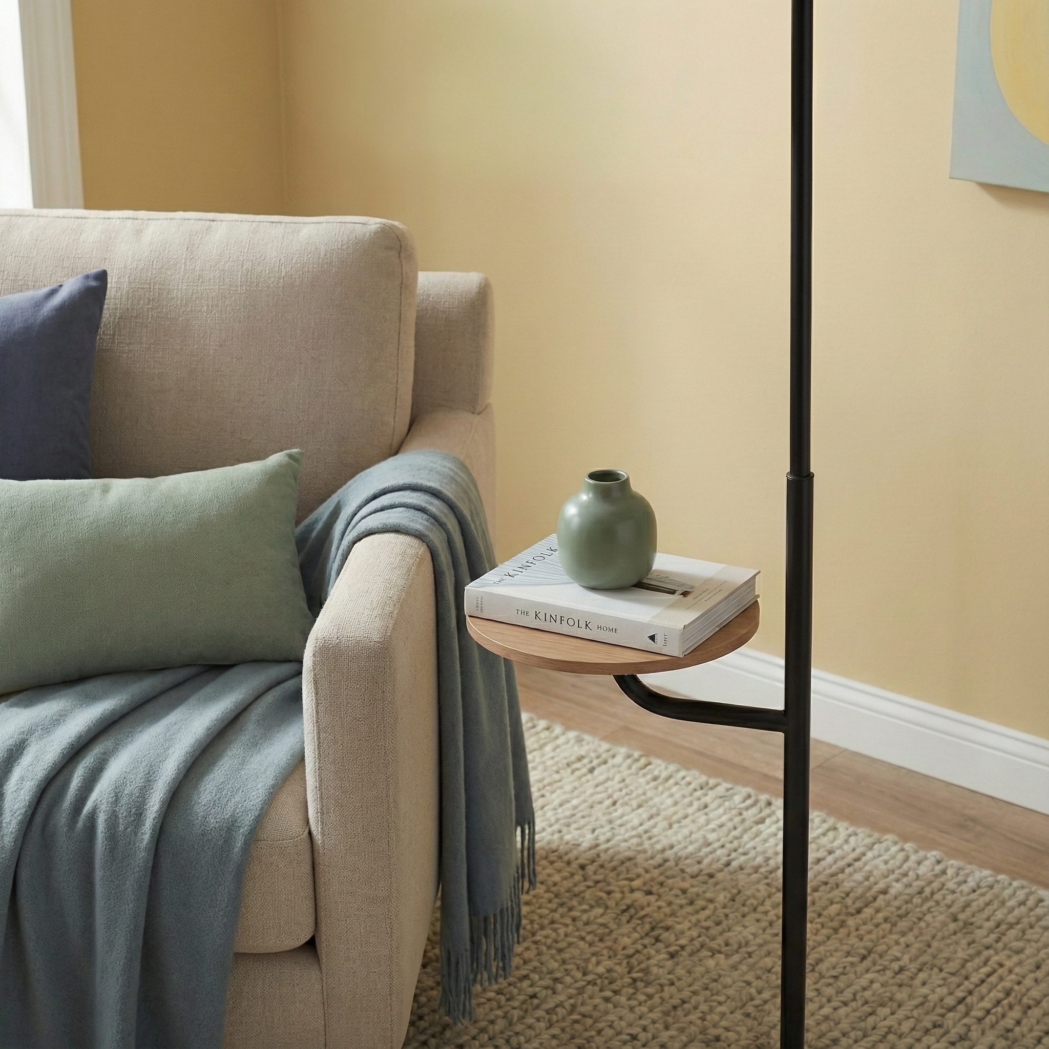 Seoul Black Floor Lamp with Integrated Wood Table and Rotary Switch | MidinMod