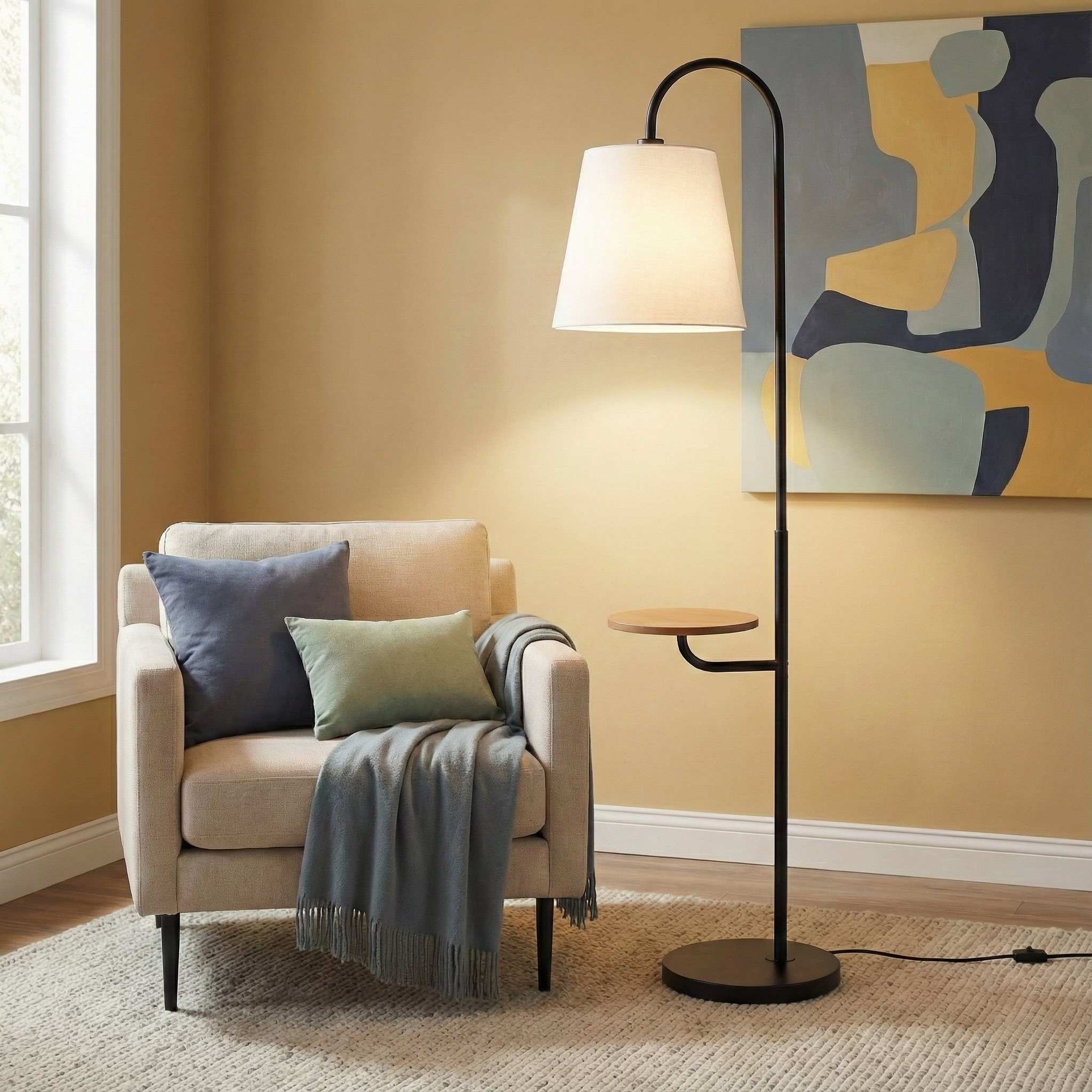 Seoul Black Floor Lamp with Integrated Wood Table and Rotary Switch | MidinMod
