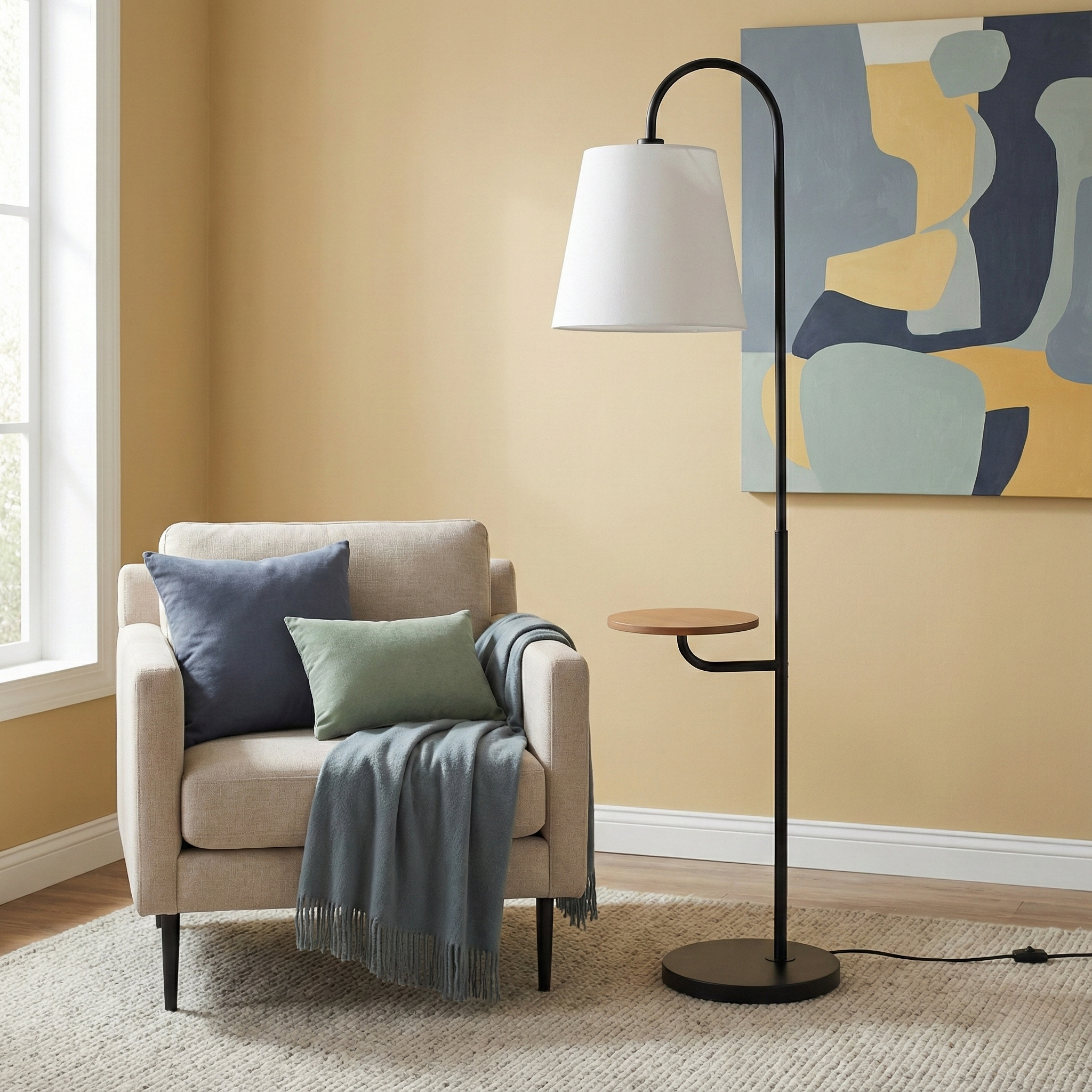 Seoul Black Floor Lamp with Integrated Wood Table and Rotary Switch | MidinMod