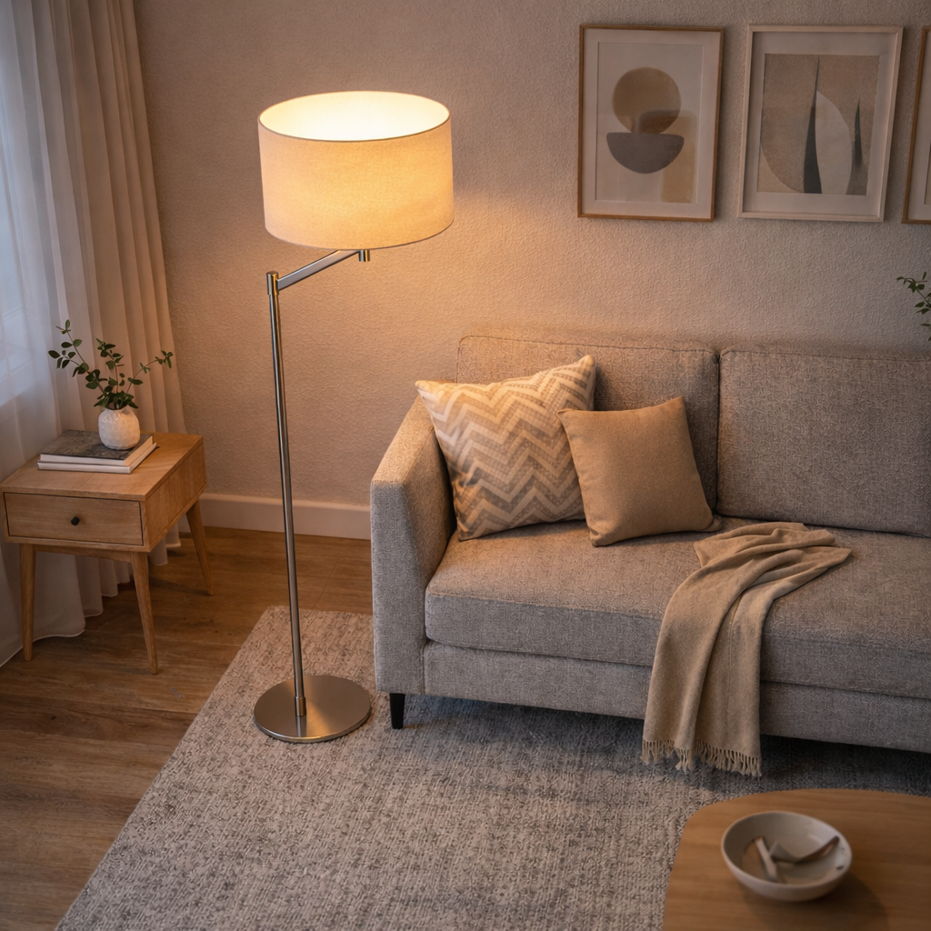 Serene Brushed Nickel Floor Lamp with White Fabric Shade and Rotary Switch | MidinMod