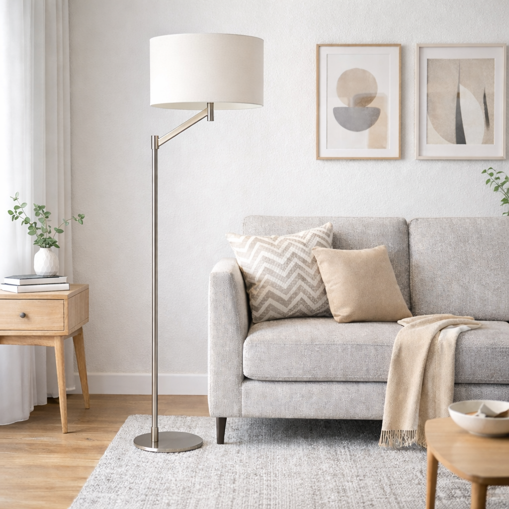 Serene Brushed Nickel Floor Lamp with White Fabric Shade and Rotary Switch | MidinMod