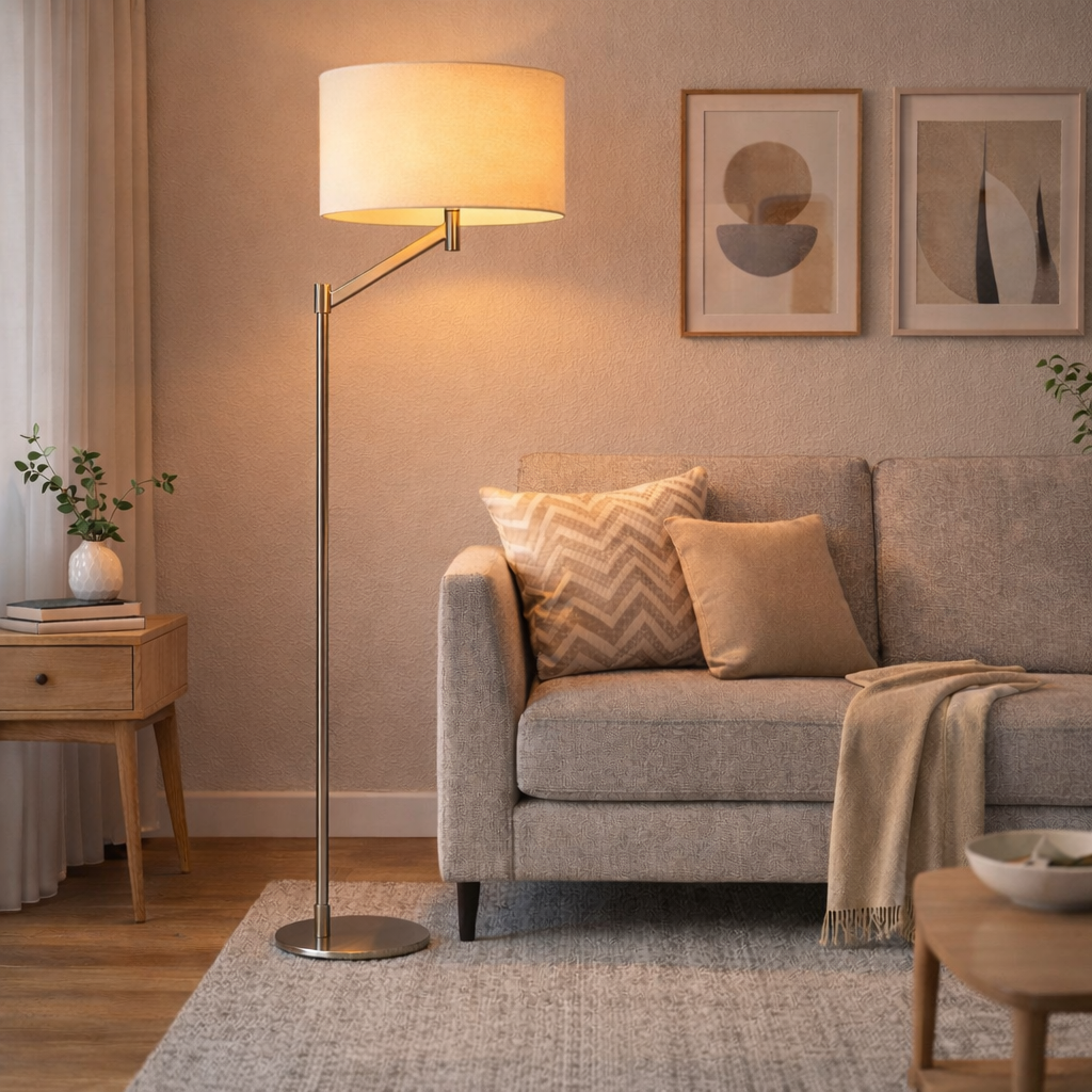 Serene Brushed Nickel Floor Lamp with White Fabric Shade and Rotary Switch | MidinMod