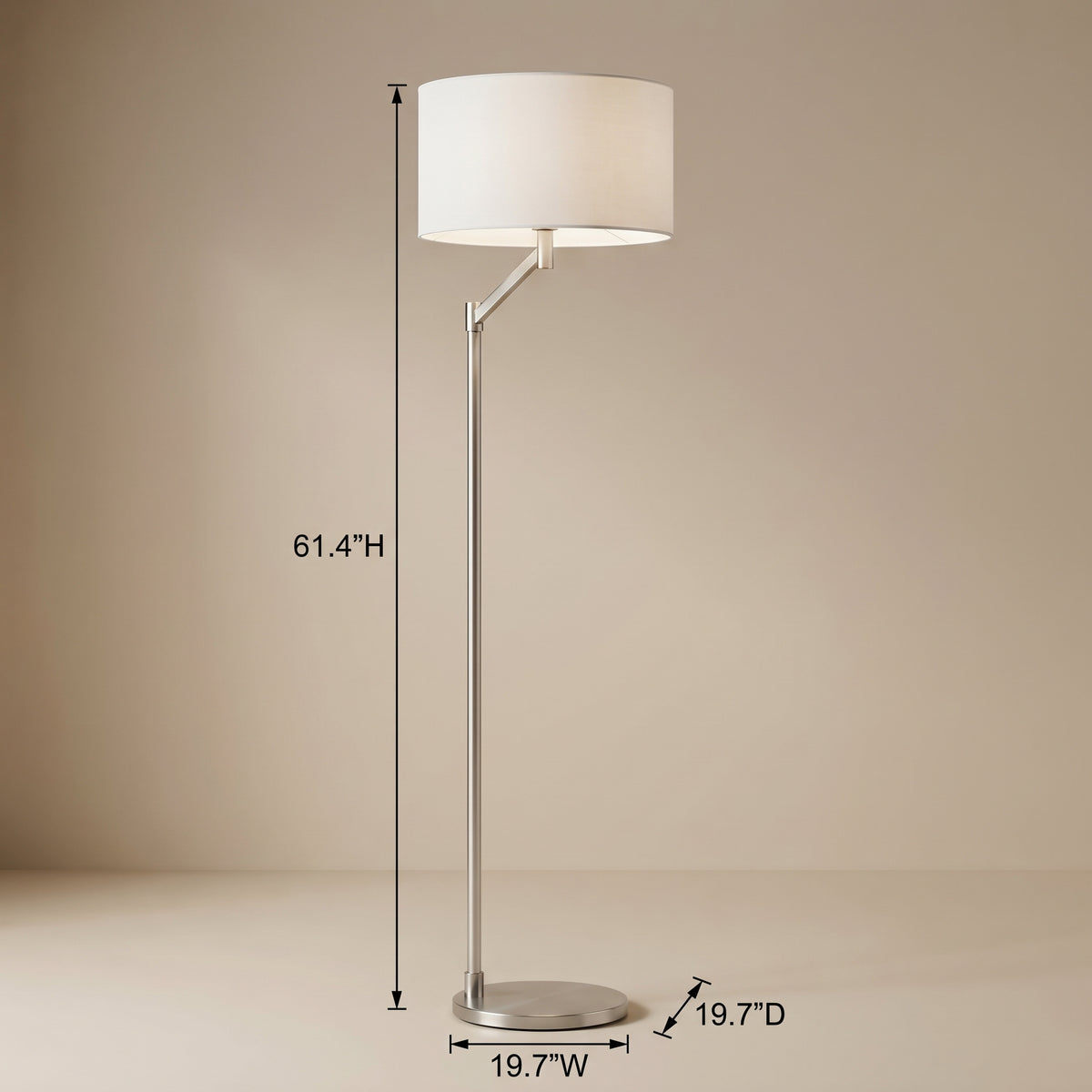 Serene Brushed Nickel Floor Lamp with White Fabric Shade and Rotary Switch | MidinMod