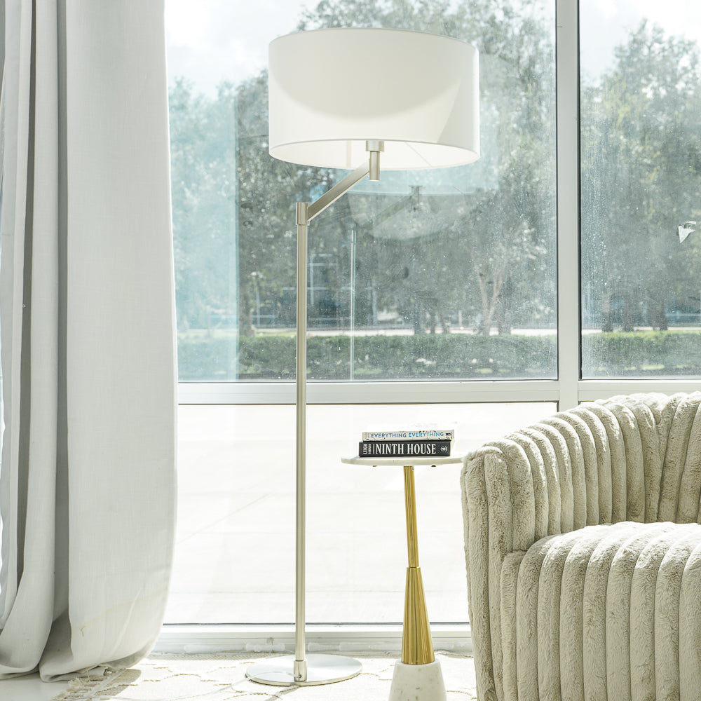 Serene Brushed Nickel Floor Lamp with Rotary Switch Metal Base White Linen Shade