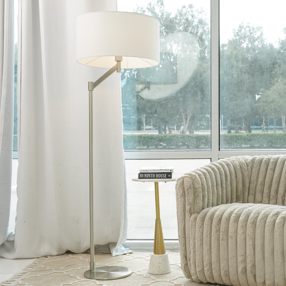 Serene Brushed Nickel Floor Lamp with Rotary Switch Metal Base White Linen Shade