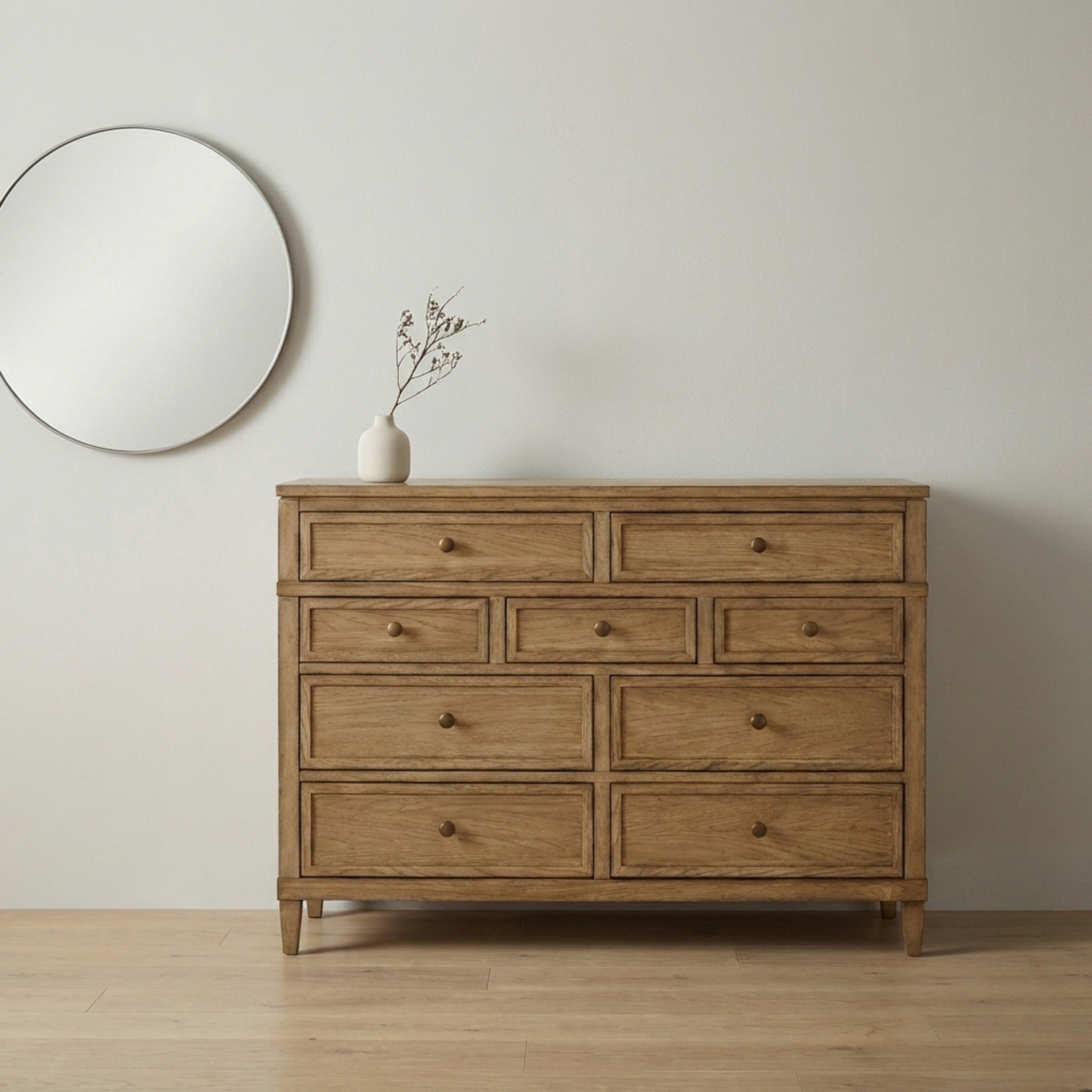 Sharlance 9-Drawer Dresser in Light Brown Hickory Wood | MidinMod