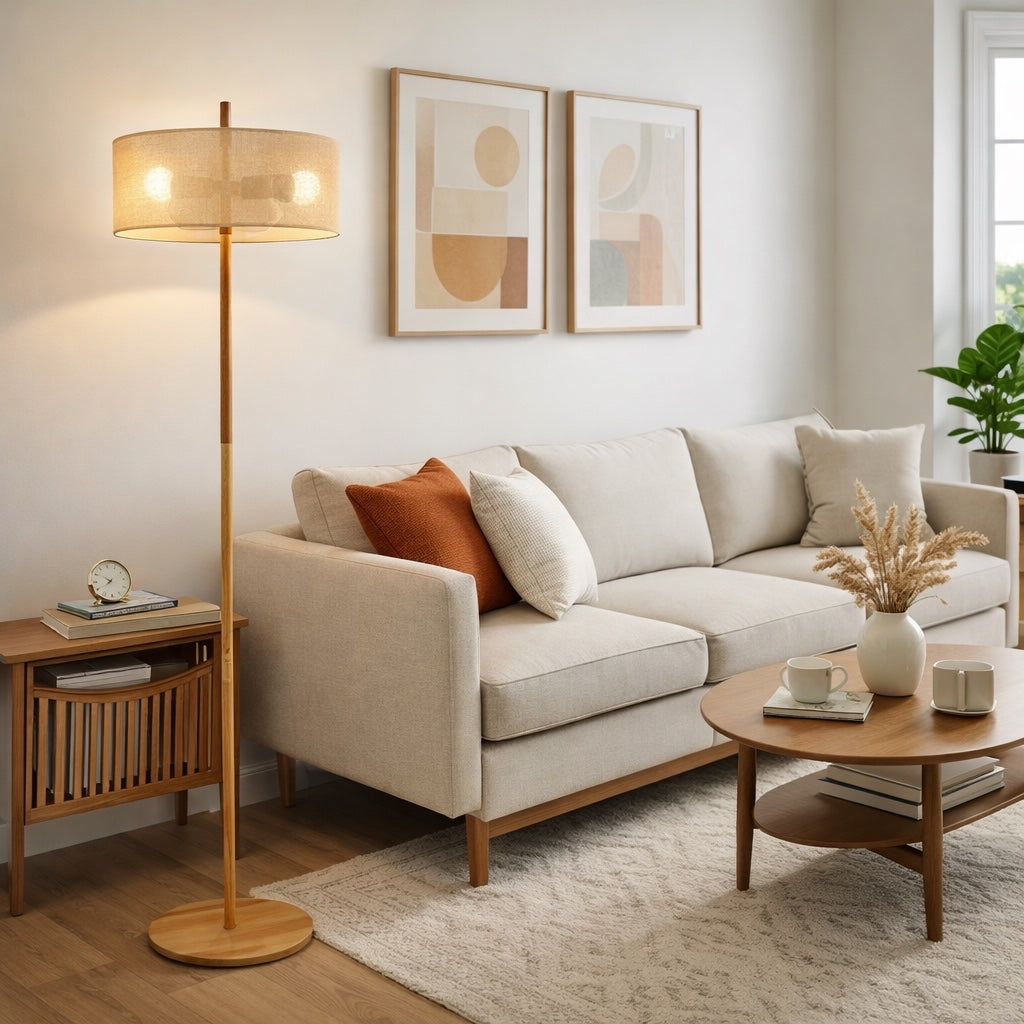 Shimmer Oak and Natural Floor Lamp with Paper Rattan Weave Shade | MidinMod