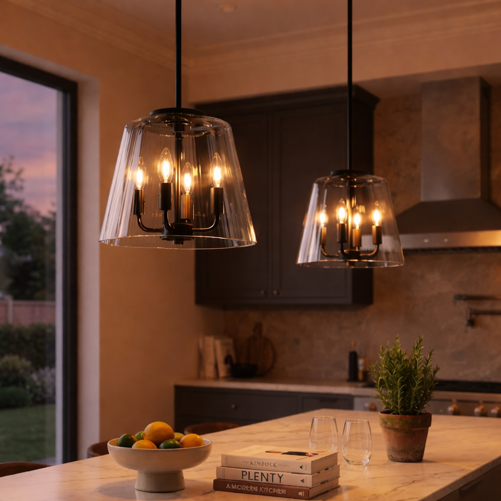Soiree Four Candle Lights Pendant With Clear Glass - Black Finish