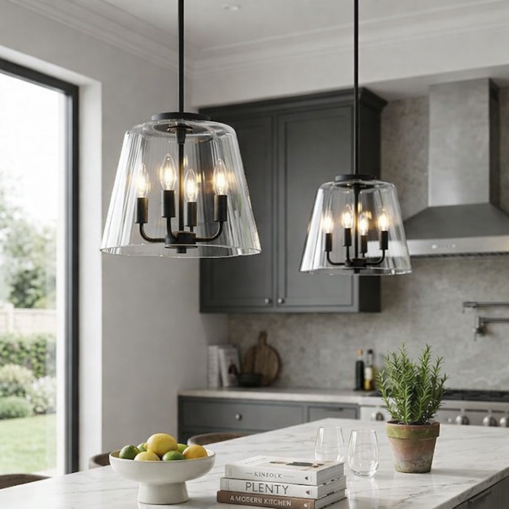 Soiree Four Candle Lights Pendant With Clear Glass - Black Finish