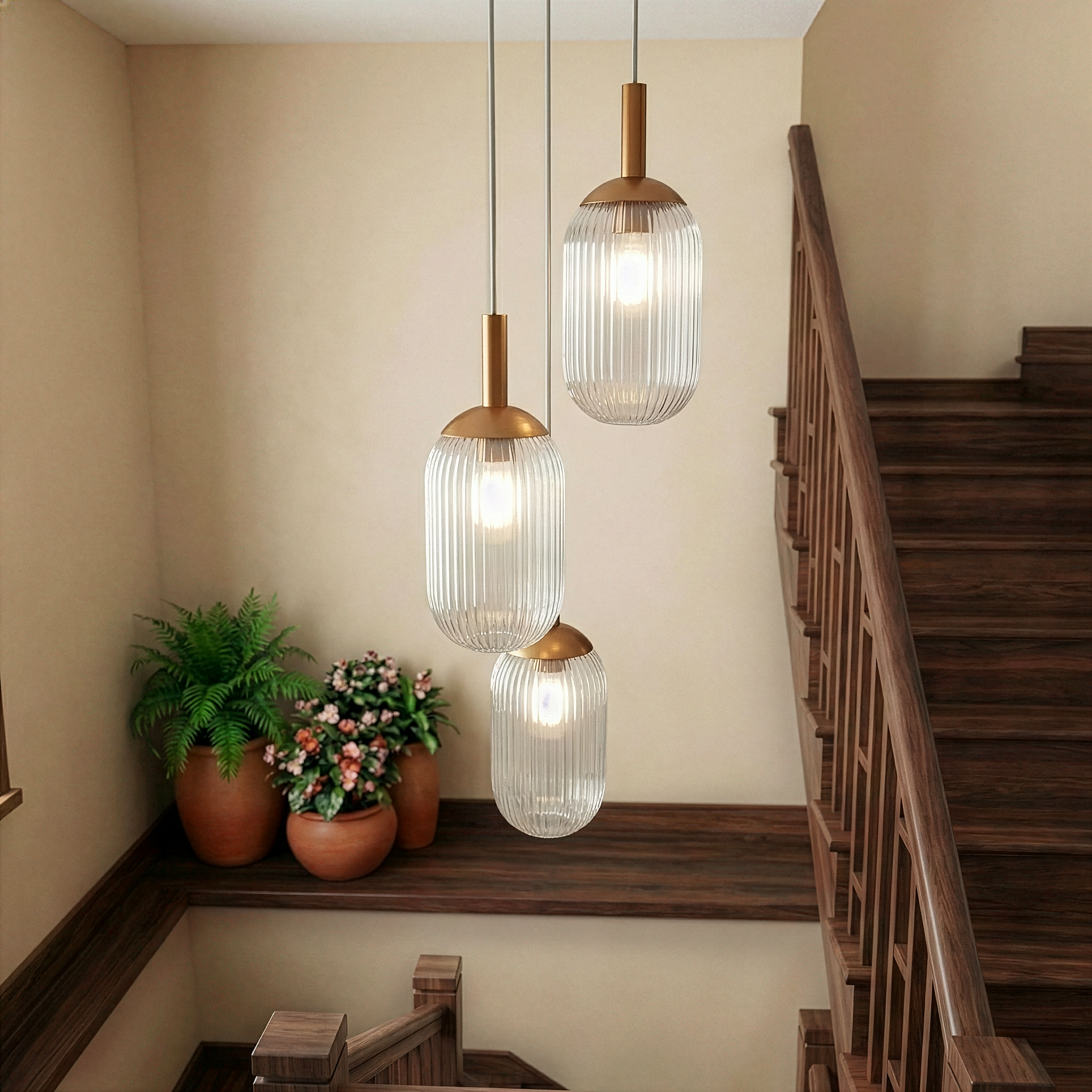 Solace 3-Light Pendant Lamp | Bronze and Clear Ribbed Glass | MidinMod