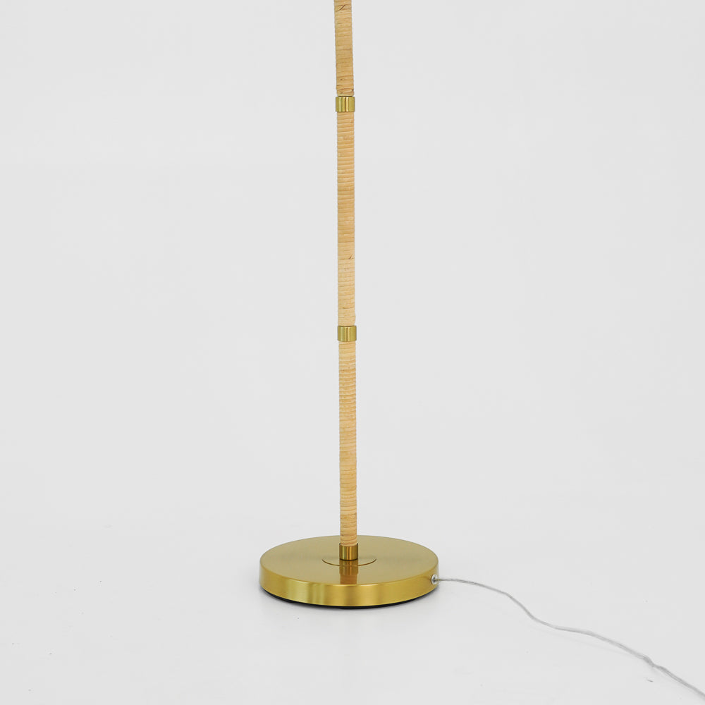 Stellar Wood Rattan Tube , Gold Brass Metal and White Linen Shade Floor Lamp