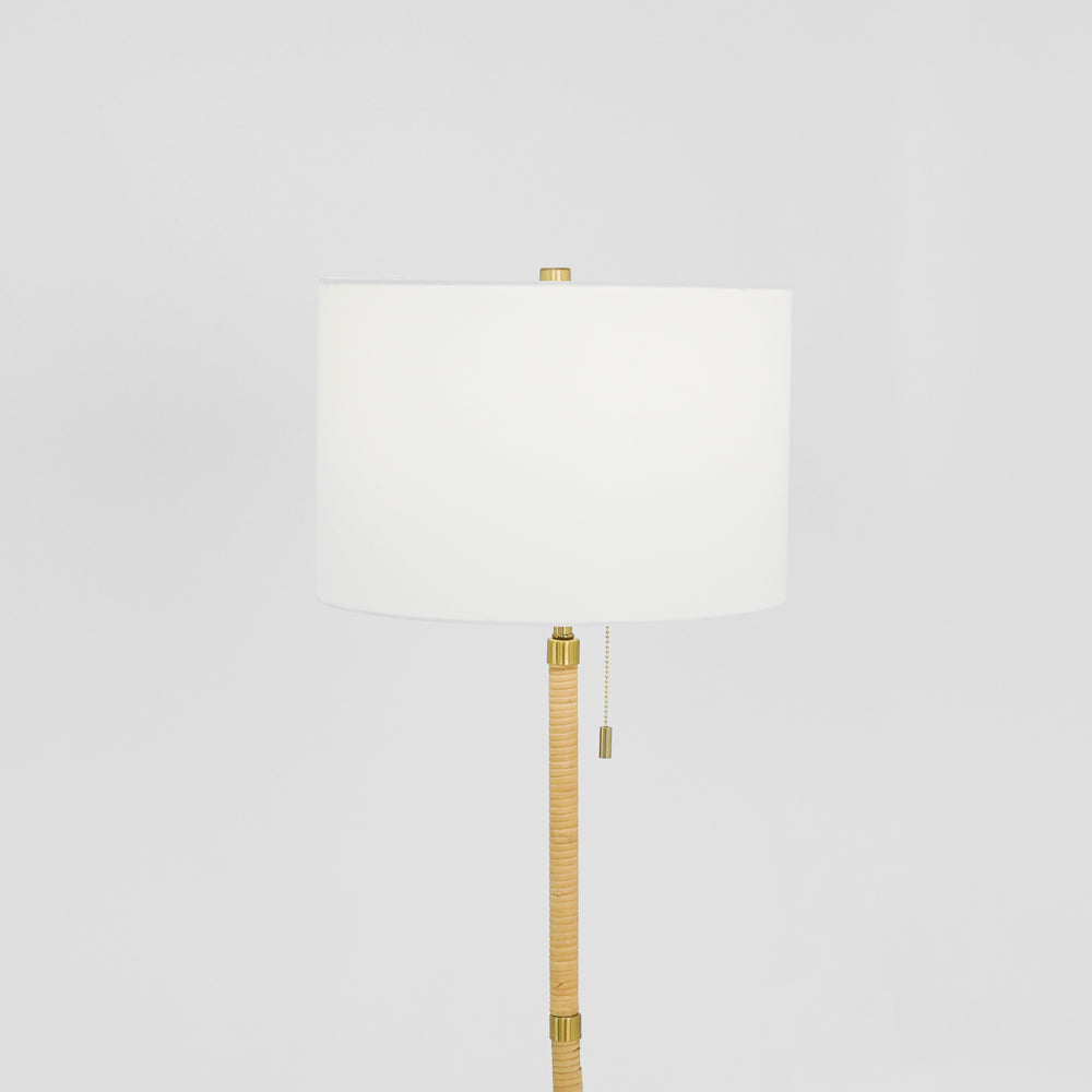 Stellar Wood Rattan Tube , Gold Brass Metal and White Linen Shade Floor Lamp