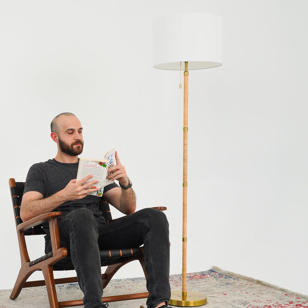Stellar Wood Rattan Tube , Gold Brass Metal and White Linen Shade Floor Lamp