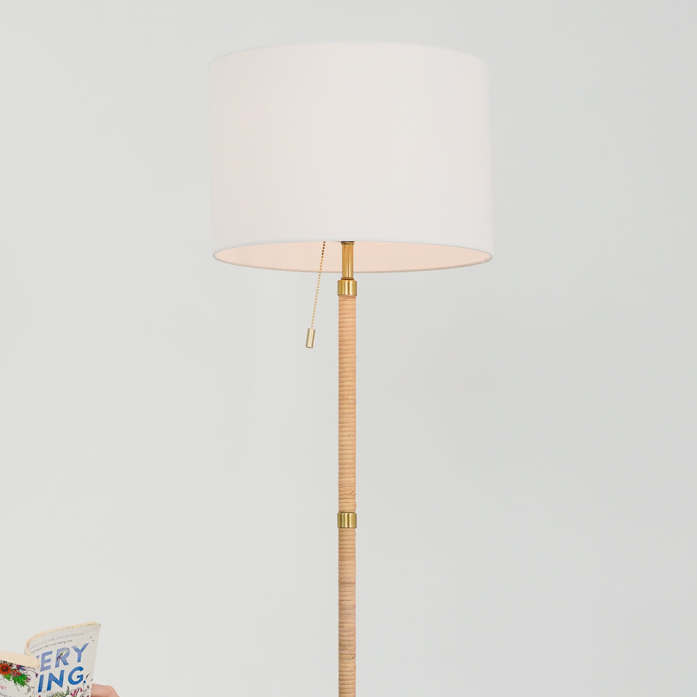 Stellar Wood Rattan Tube , Gold Brass Metal and White Linen Shade Floor Lamp