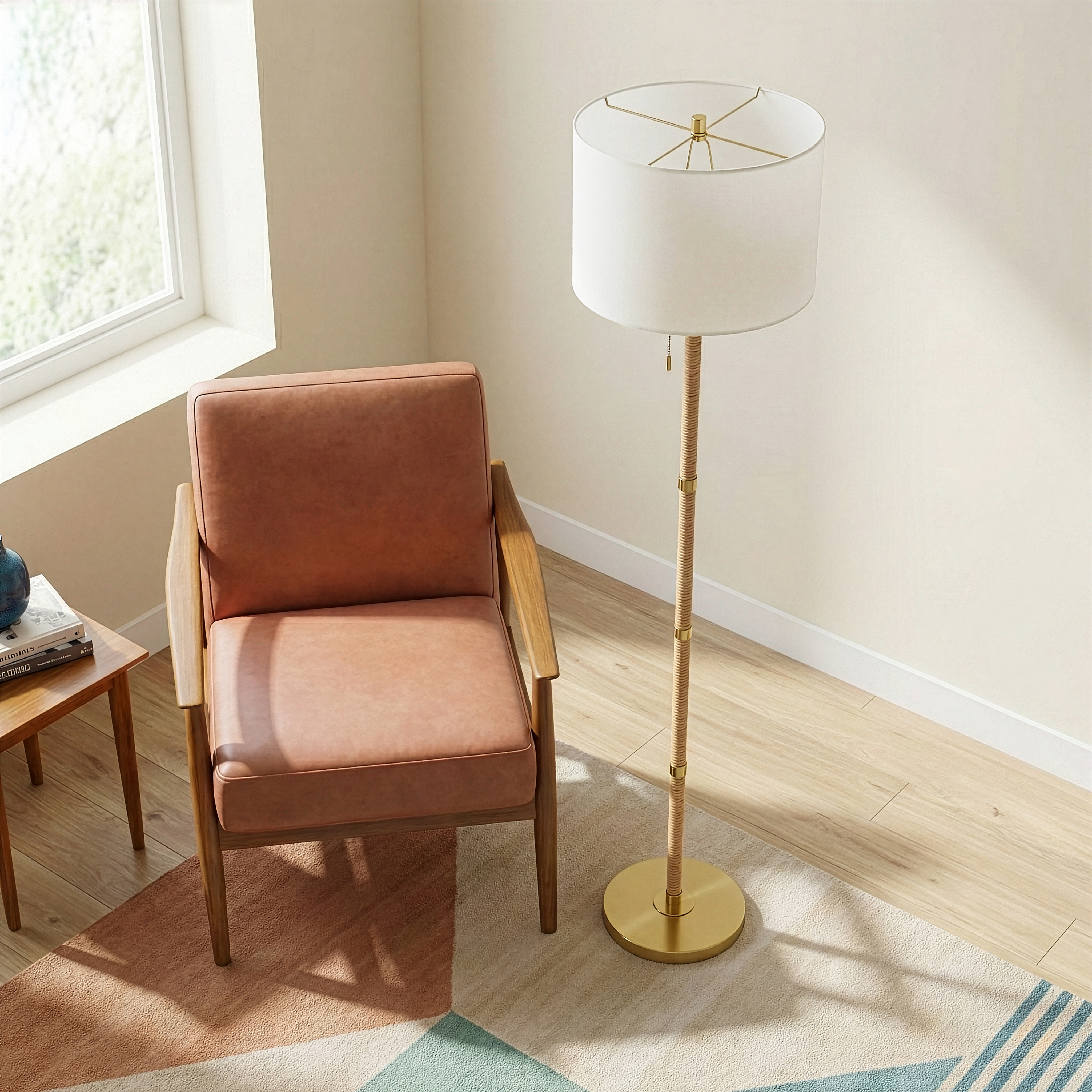 Stellar Wood and Rattan Floor Lamp with Gold Brass Base and White Linen Shade | MidinMod