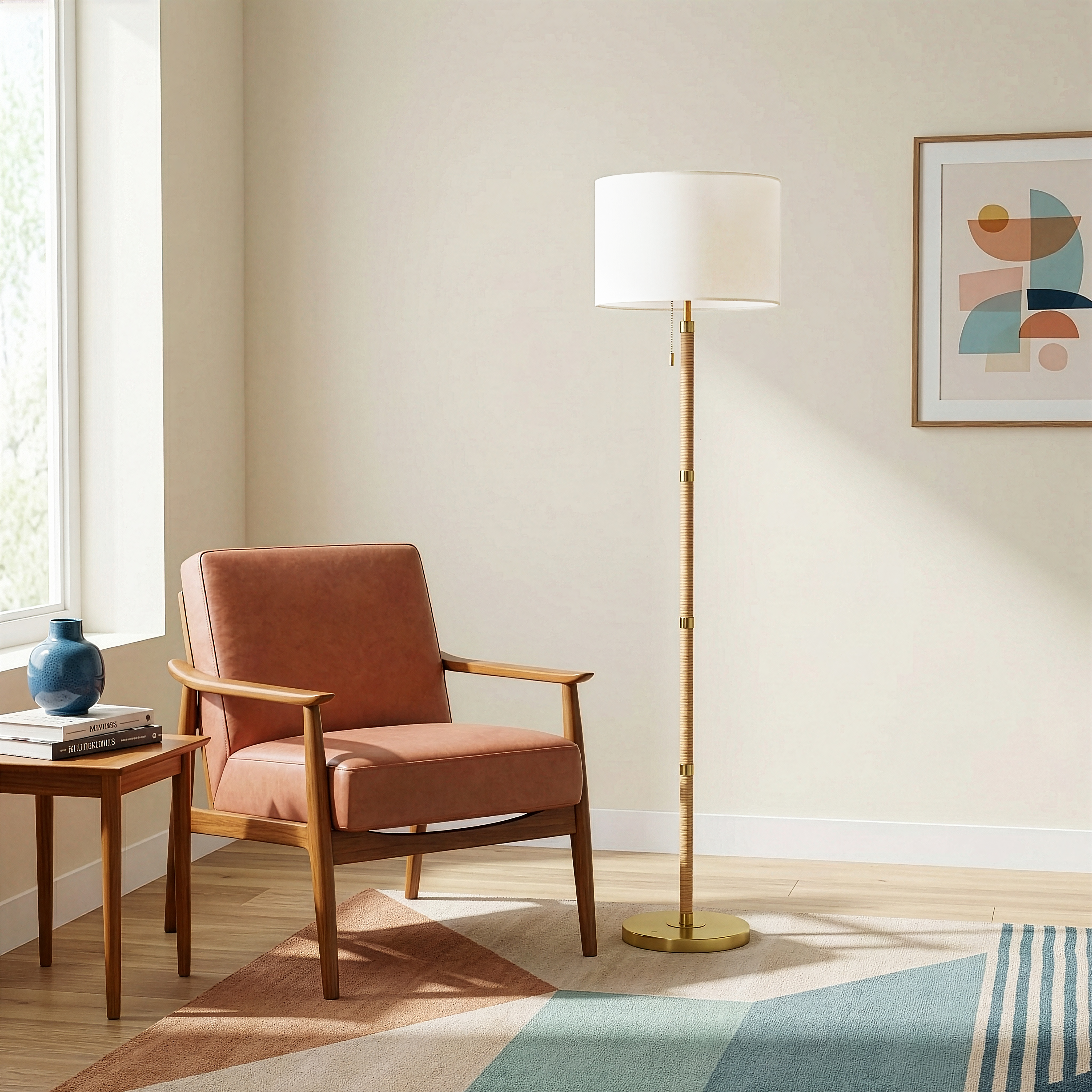 Stellar Wood and Rattan Floor Lamp with Gold Brass Base and White Linen Shade | MidinMod