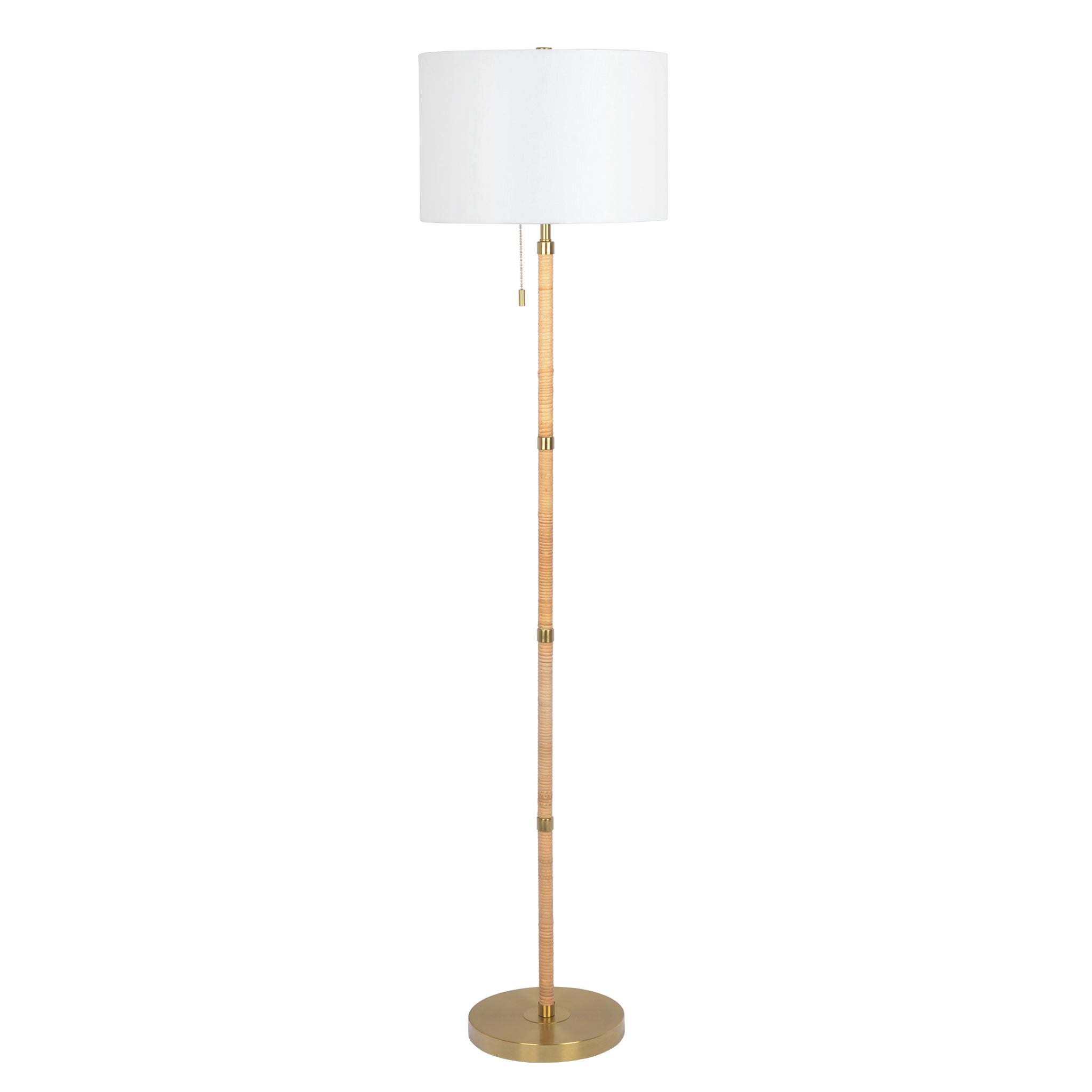 Stellar Wood and Rattan Floor Lamp with Gold Brass Base and White Linen Shade | MidinMod