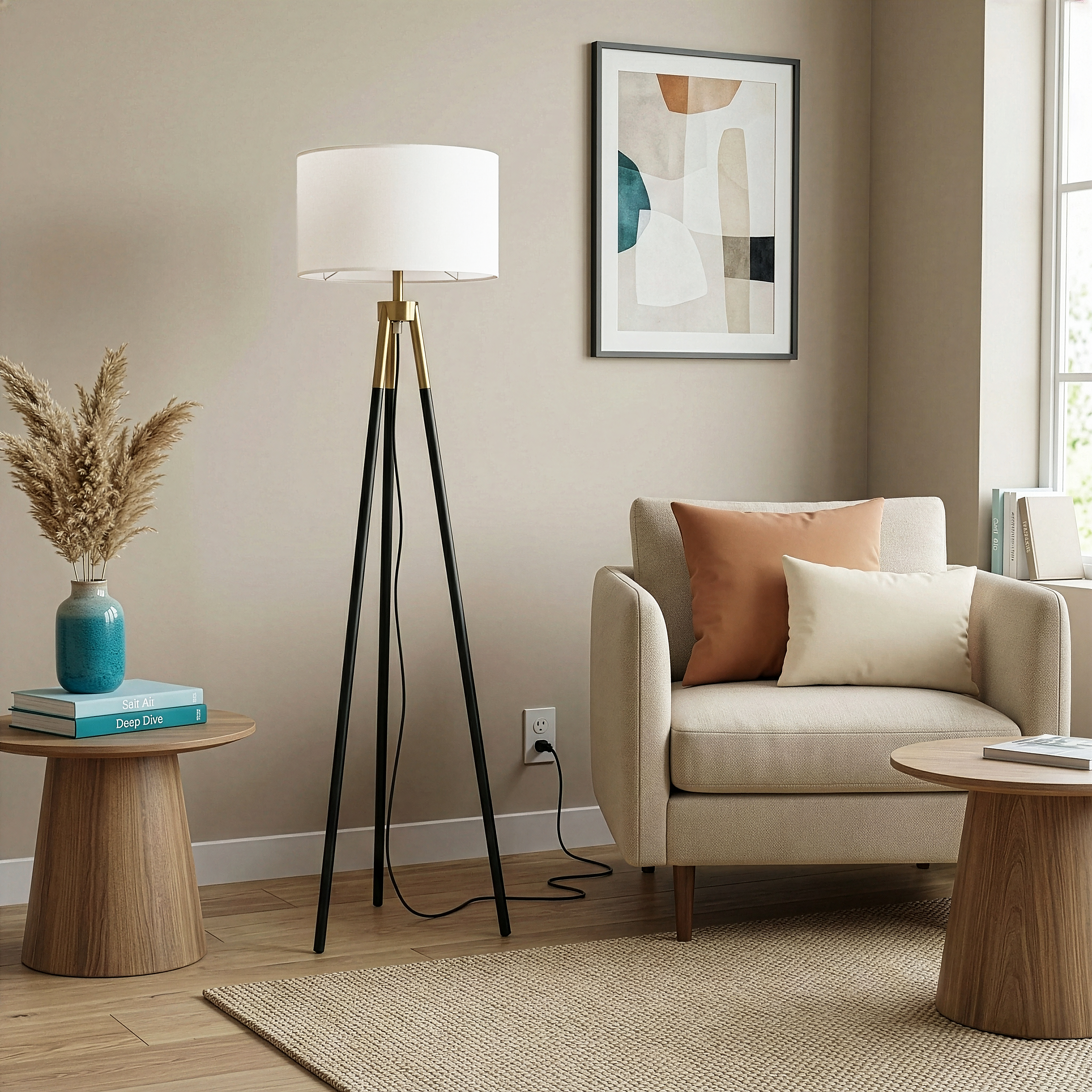 Sway Brassed Gold Floor Lamp with Triple Legs and White Fabric Shade | MidinMod