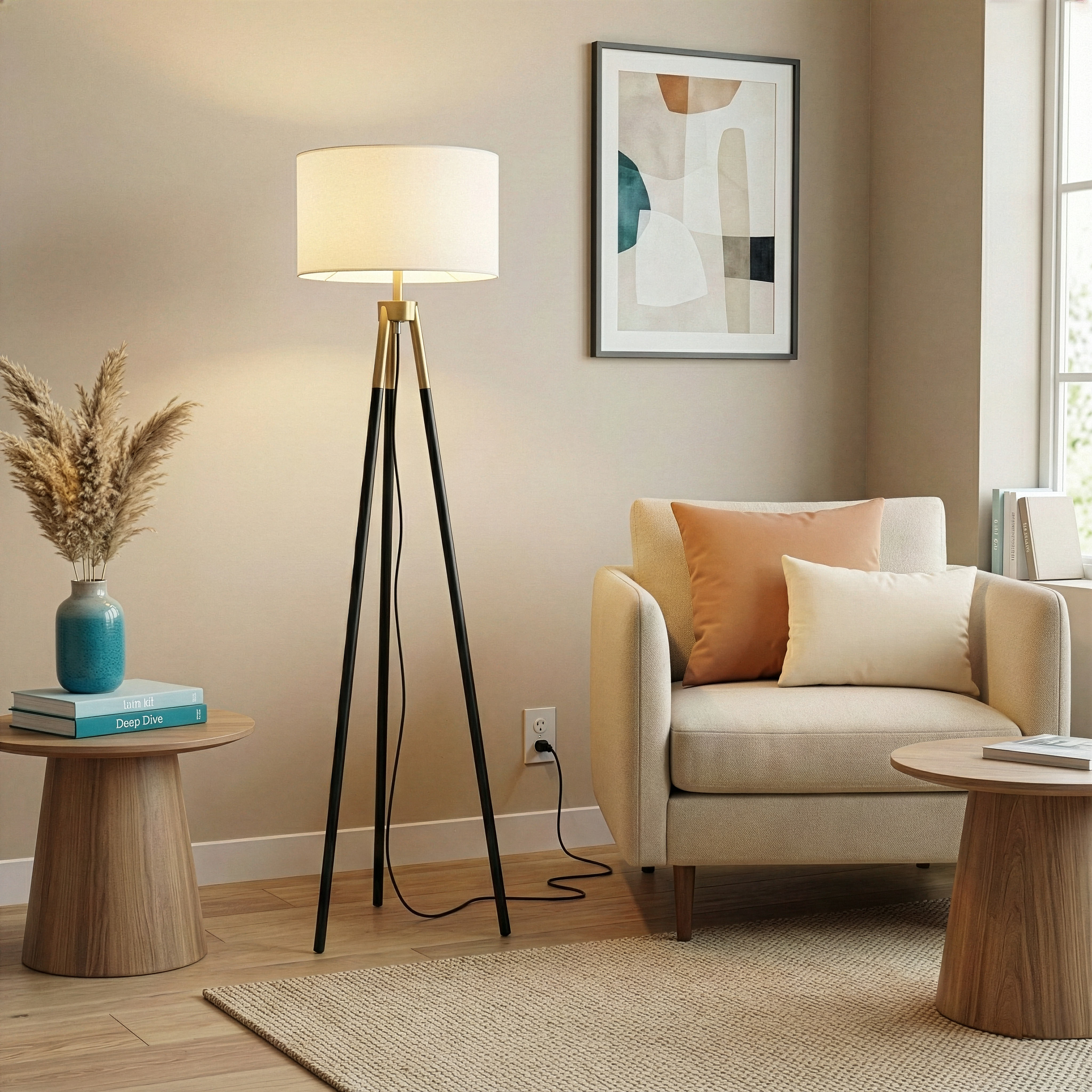 Sway Brassed Gold Floor Lamp with Triple Legs and White Fabric Shade | MidinMod