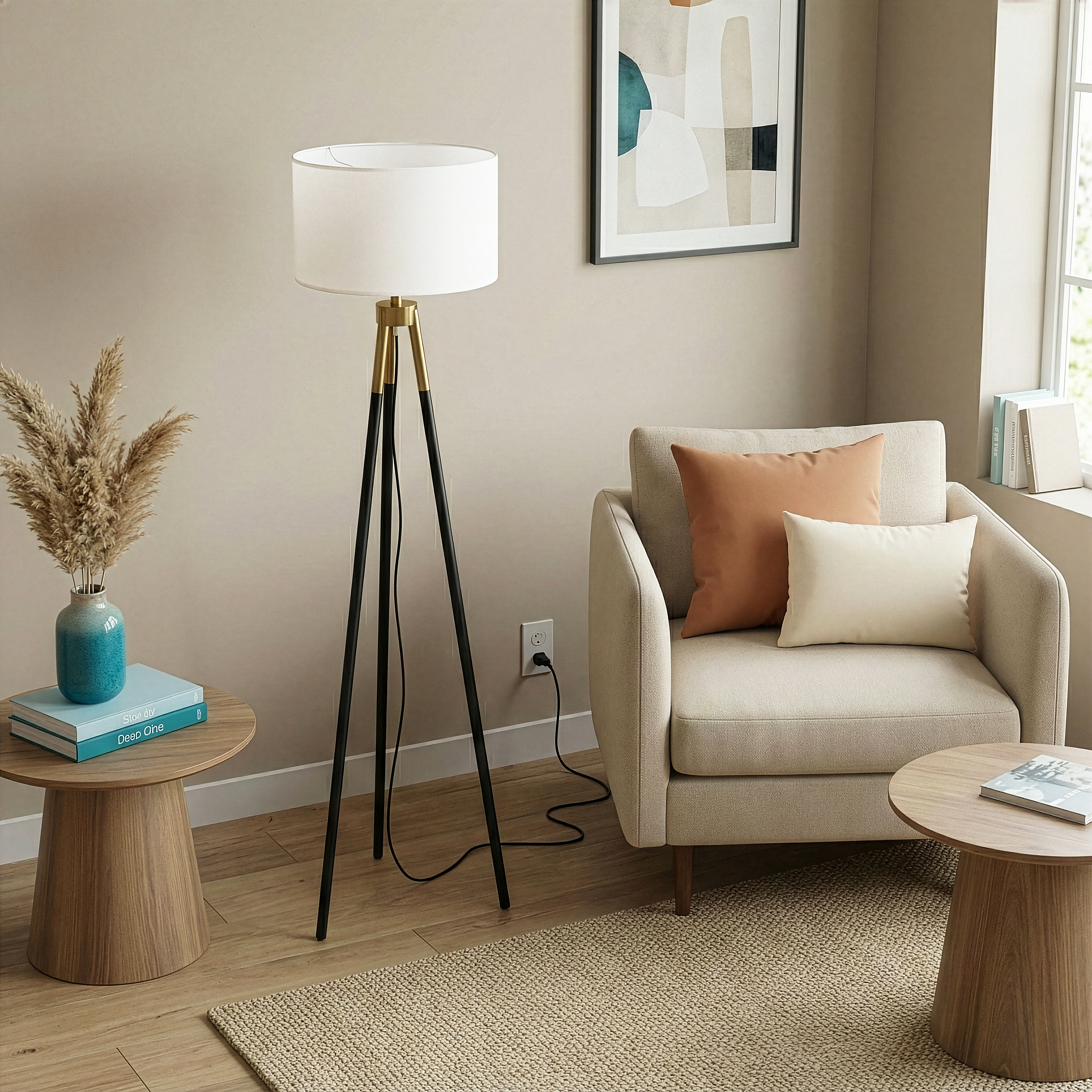 Sway Brassed Gold Floor Lamp with Triple Legs and White Fabric Shade | MidinMod
