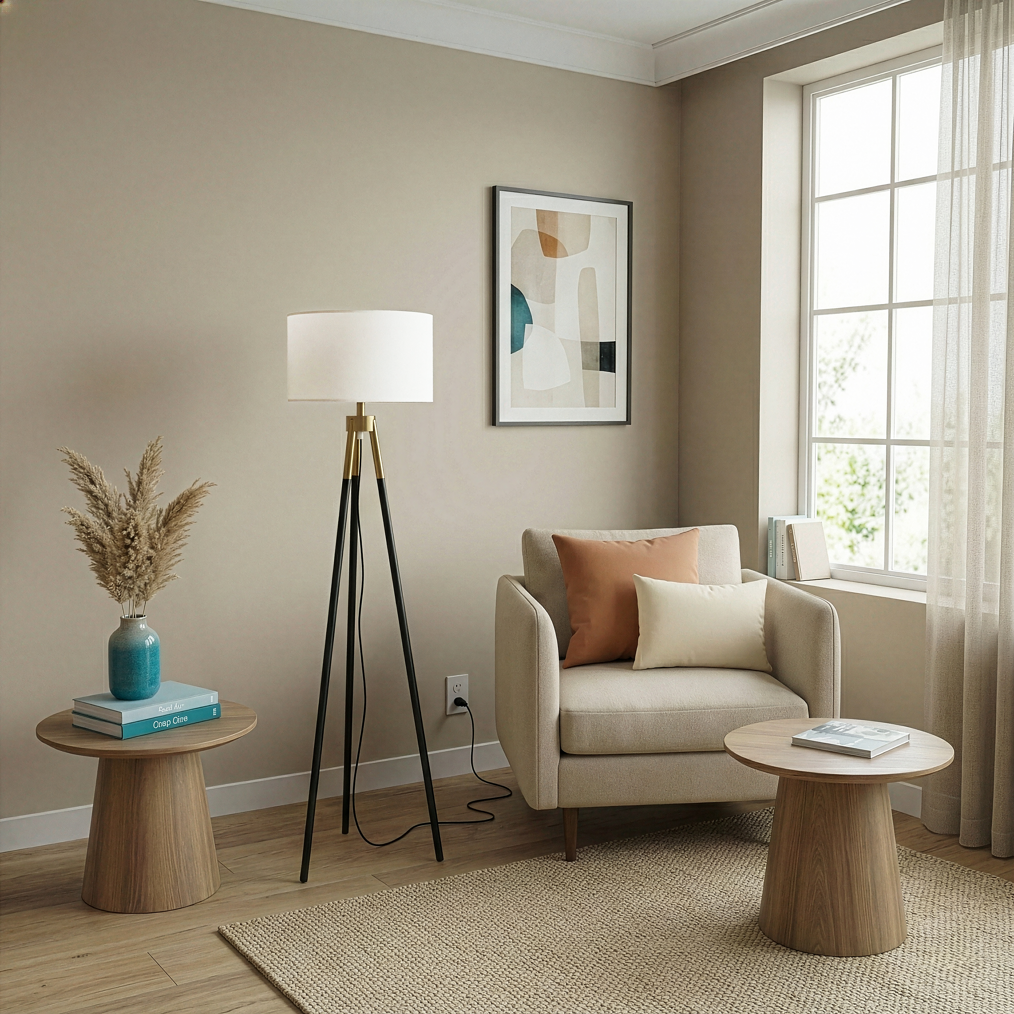 Sway Brassed Gold Floor Lamp with Triple Legs and White Fabric Shade | MidinMod