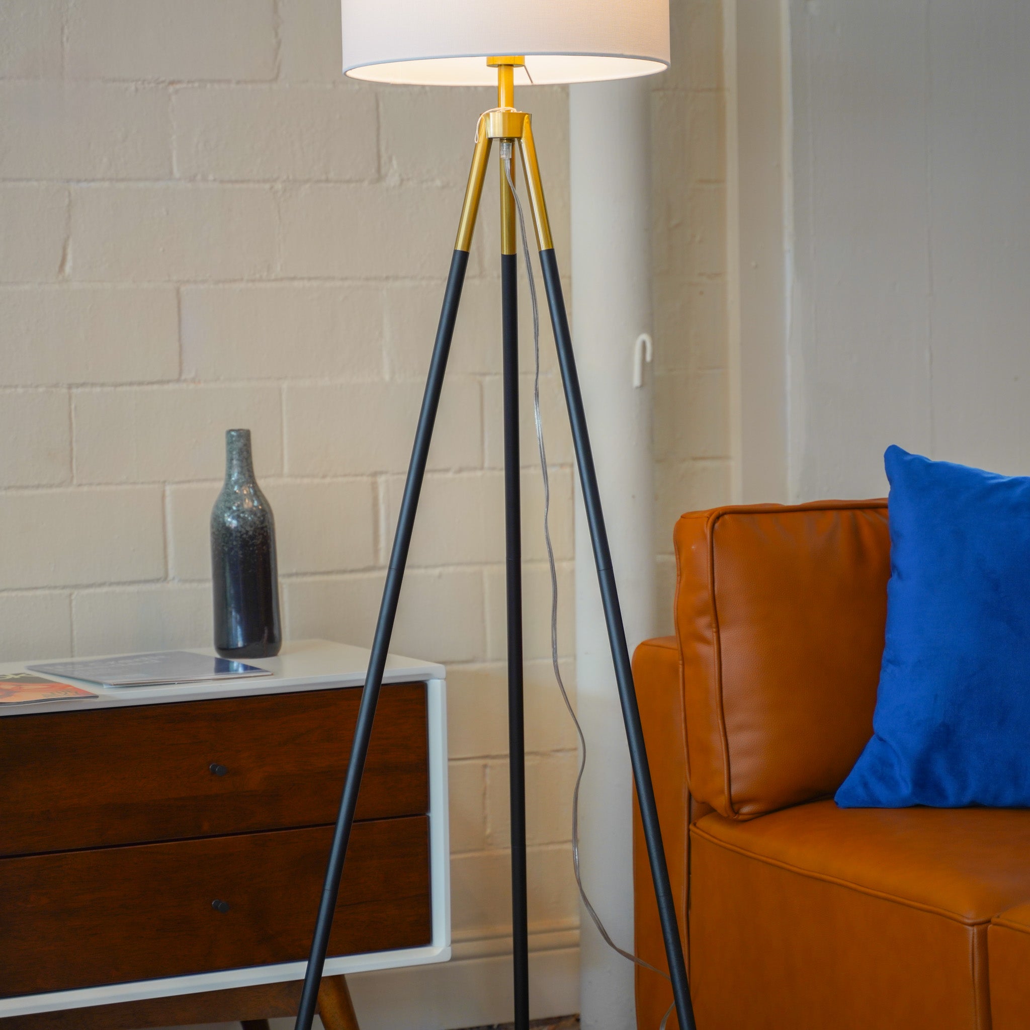 Sway Brassed Gold Floor Lamp with On/Off Switch Triple Legs White Fabric Shade