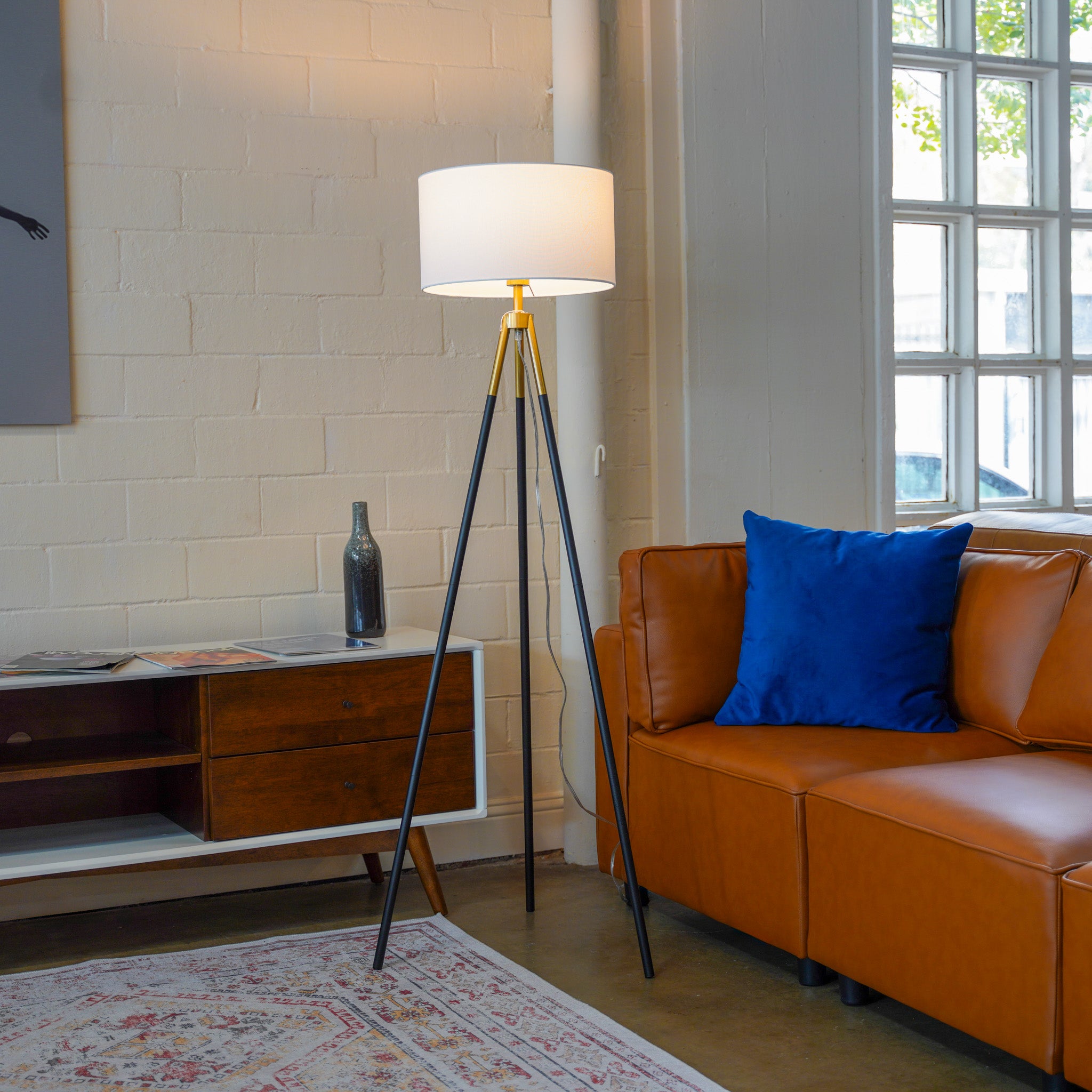 Sway Brassed Gold Floor Lamp with On/Off Switch Triple Legs White Fabric Shade