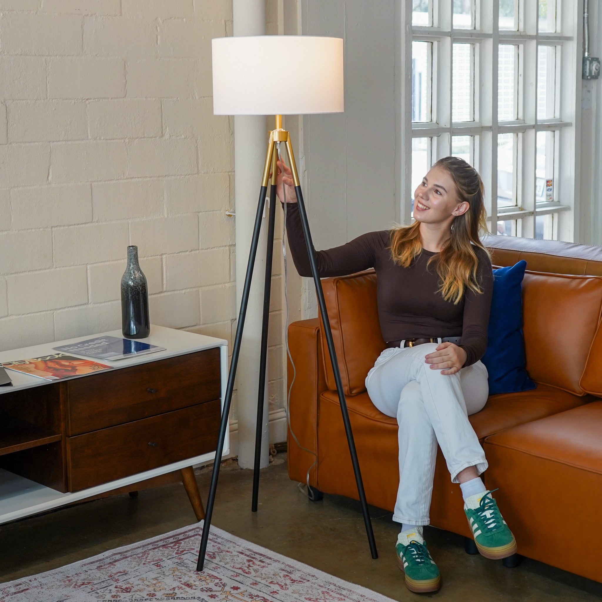 Sway Brassed Gold Floor Lamp with On/Off Switch Triple Legs White Fabric Shade