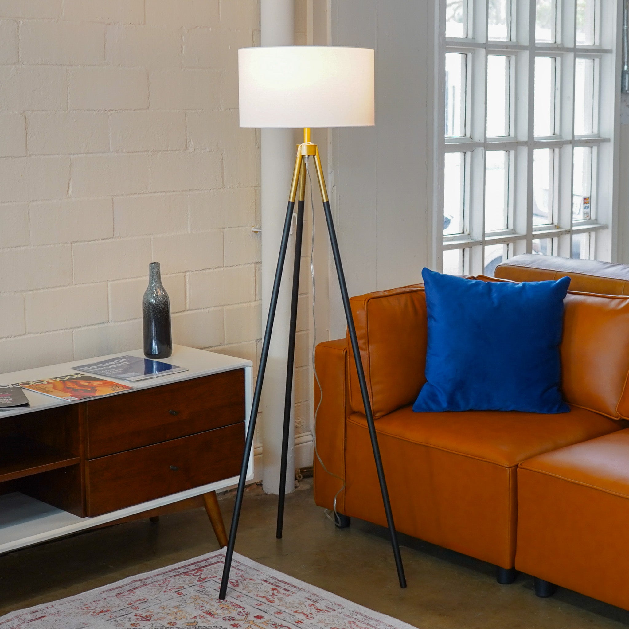 Sway Brassed Gold Floor Lamp with On/Off Switch Triple Legs White Fabric Shade