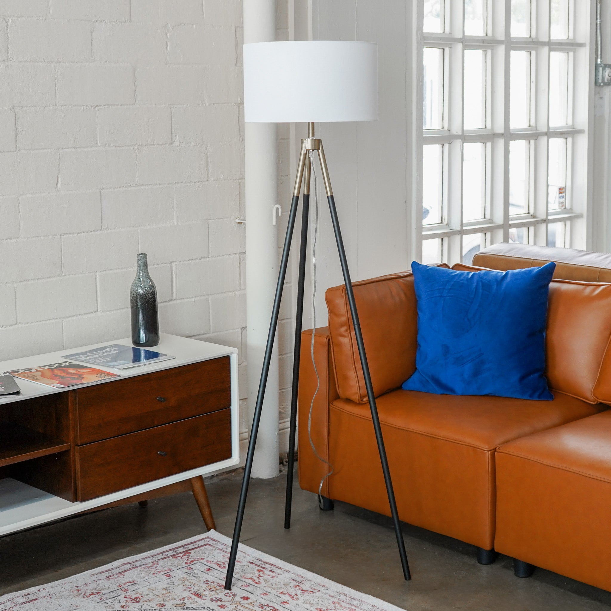 Sway Brassed Gold Floor Lamp with On/Off Switch Triple Legs White Fabric Shade