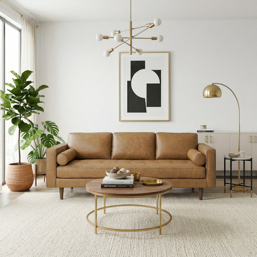 Tessa Mid-Century Modern Genuine Tan Leather Sofa | Italian Craftsmanship | MidinMod