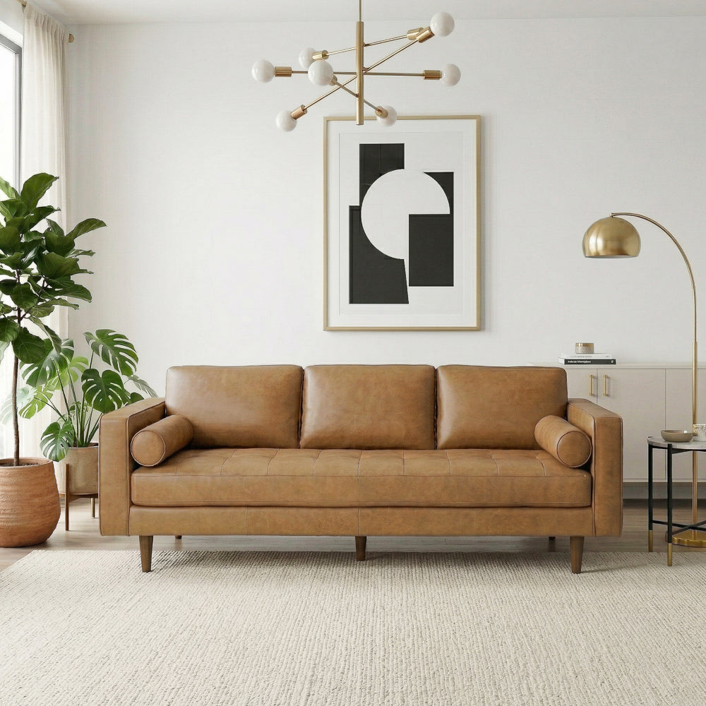 Tessa Mid-Century Modern Genuine Tan Leather Sofa | Italian Craftsmanship | MidinMod