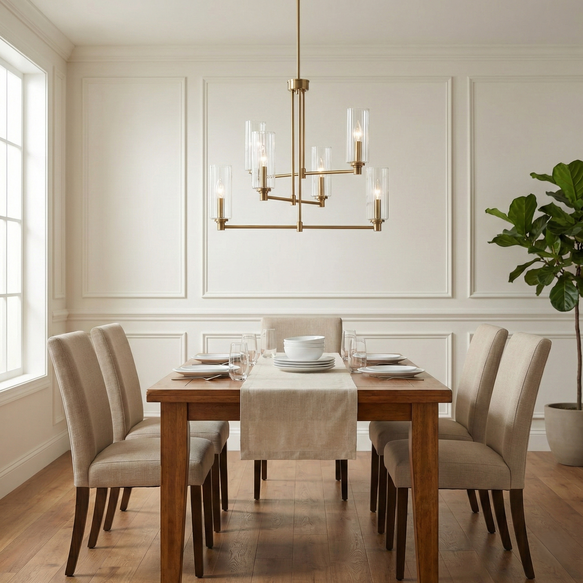 Timeless Six Lights Chandelier | Satin Brass & Clear Ribbed Glass | MidinMod