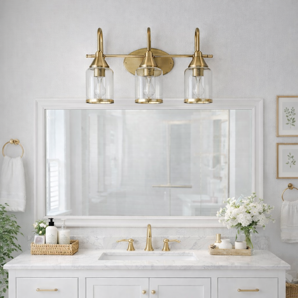 Twilight Vanity Light | Brushed Gold & Three-Light Clear Glass Design | MidinMod