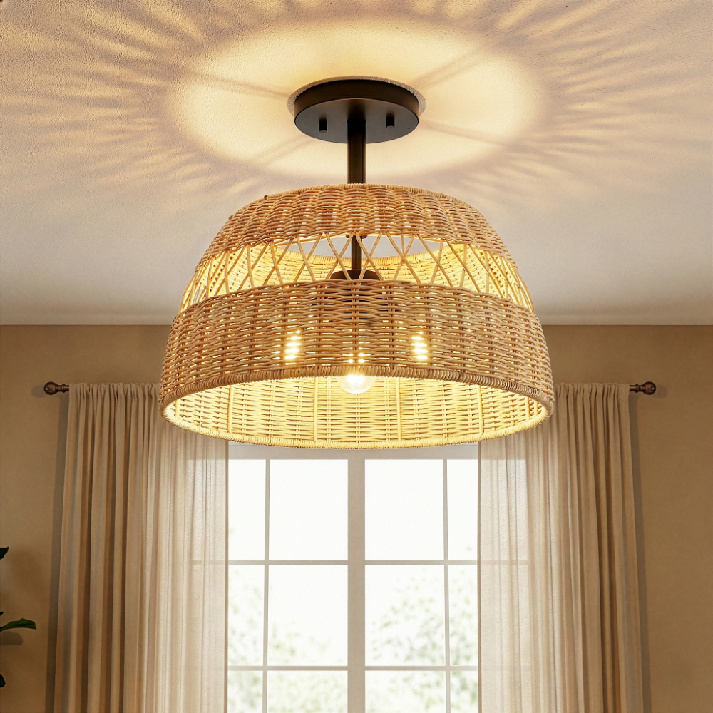 Twinkle 2-Light Semi Flush Mount with Rattan Shade and Black Metal | MidinMod