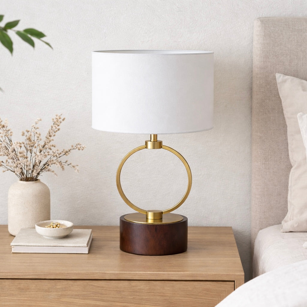 Vega Table Lamp | Circular Metal Frame & Walnut Wood Base | MidinMod
