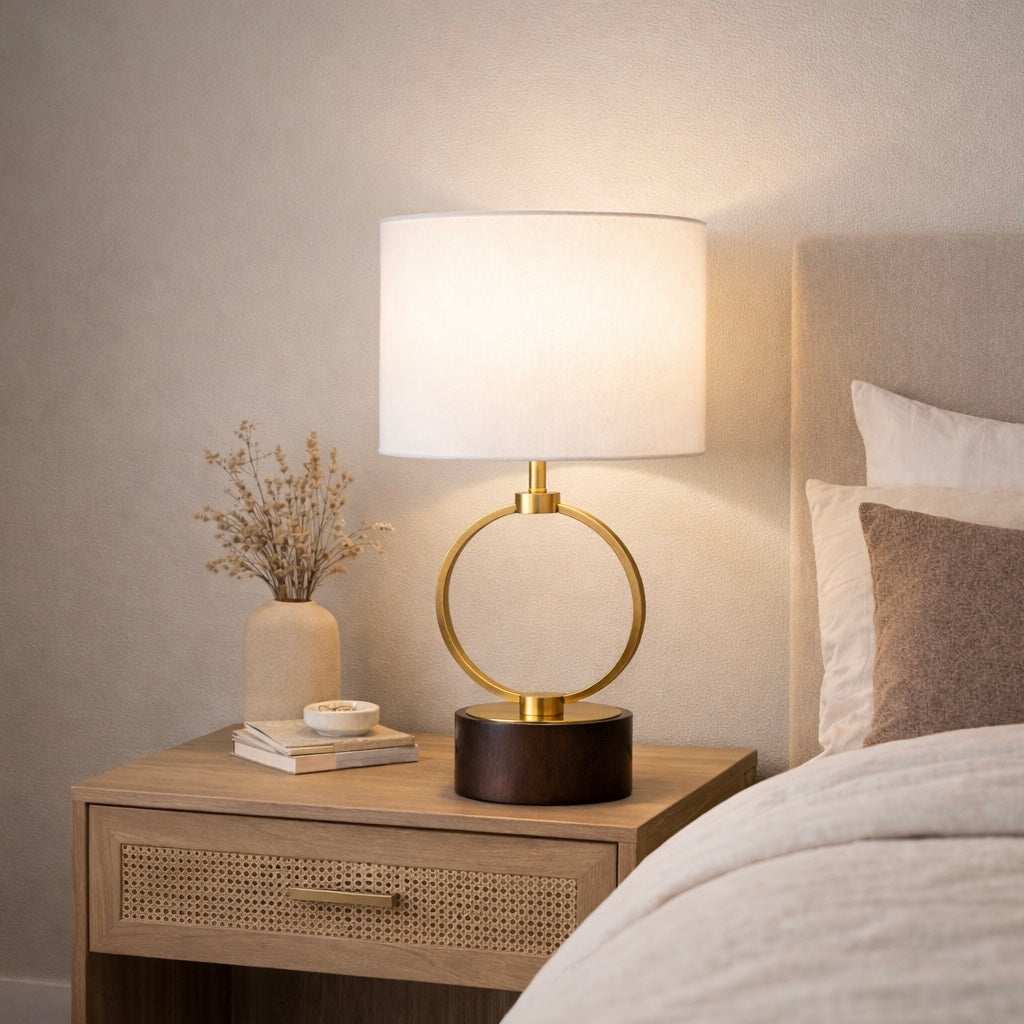 Vega Table Lamp | Circular Metal Frame & Walnut Wood Base | MidinMod