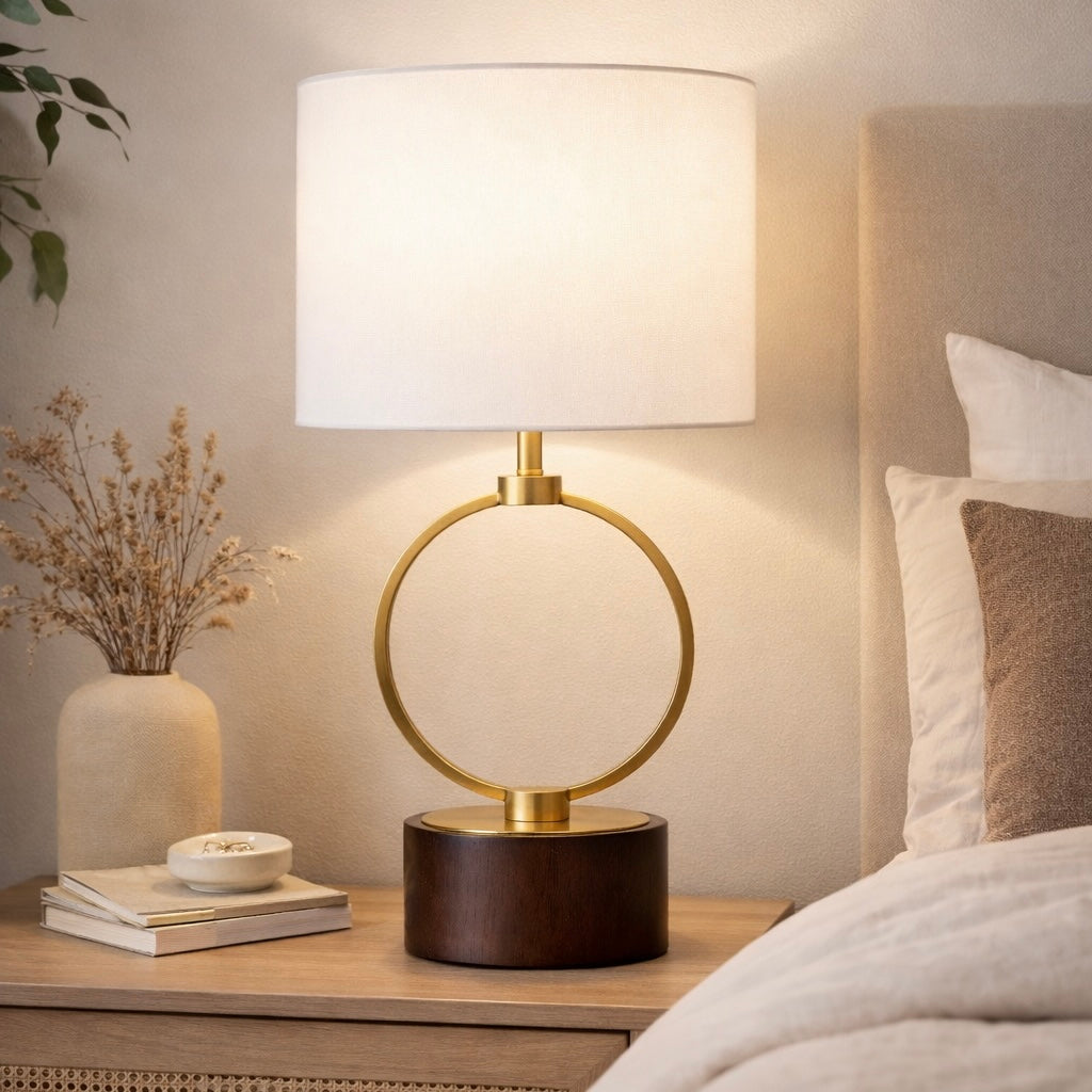 Vega Table Lamp | Circular Metal Frame & Walnut Wood Base | MidinMod