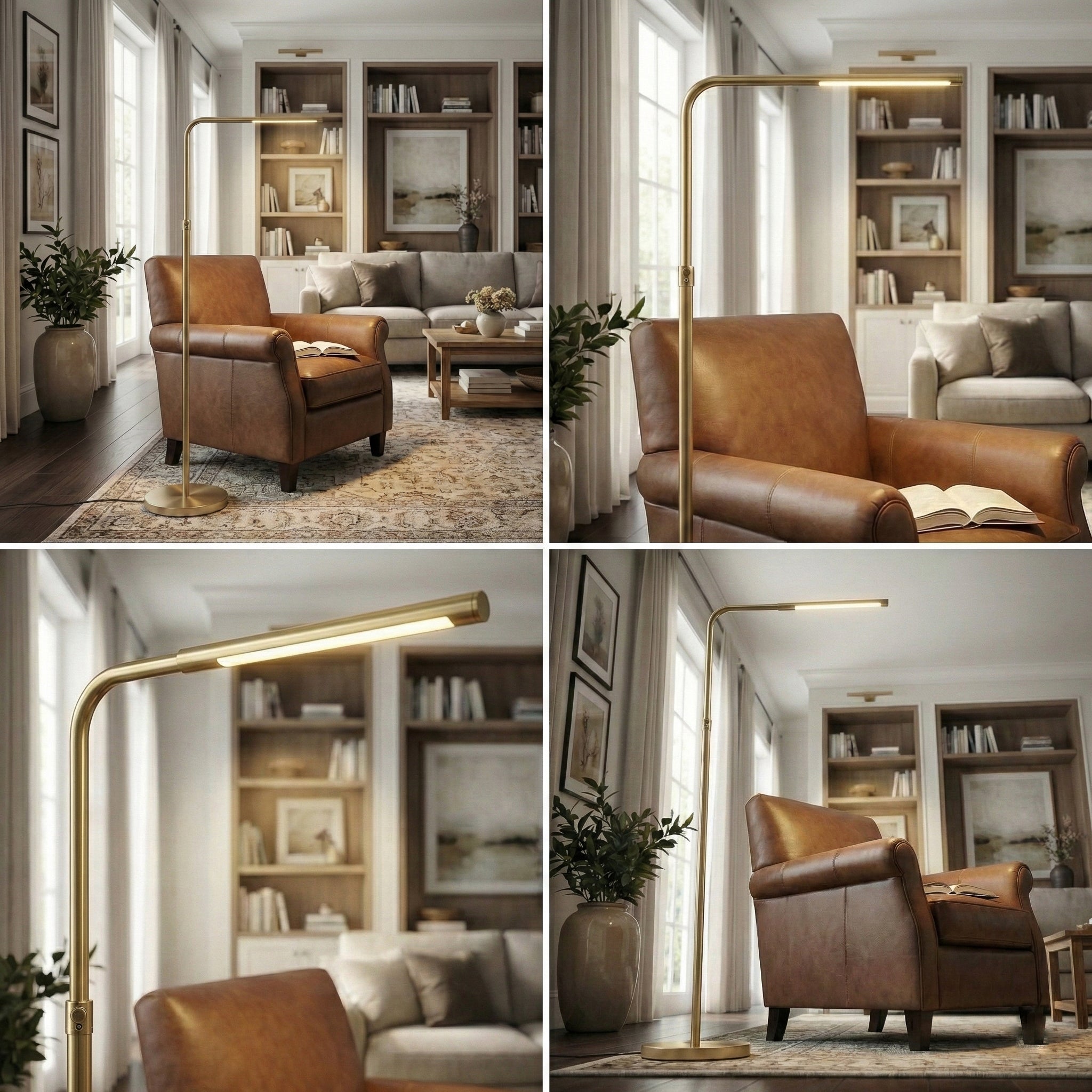 Verve Brassed Gold LED Floor Lamp with Adjustable Head and Round Base | MidinMod